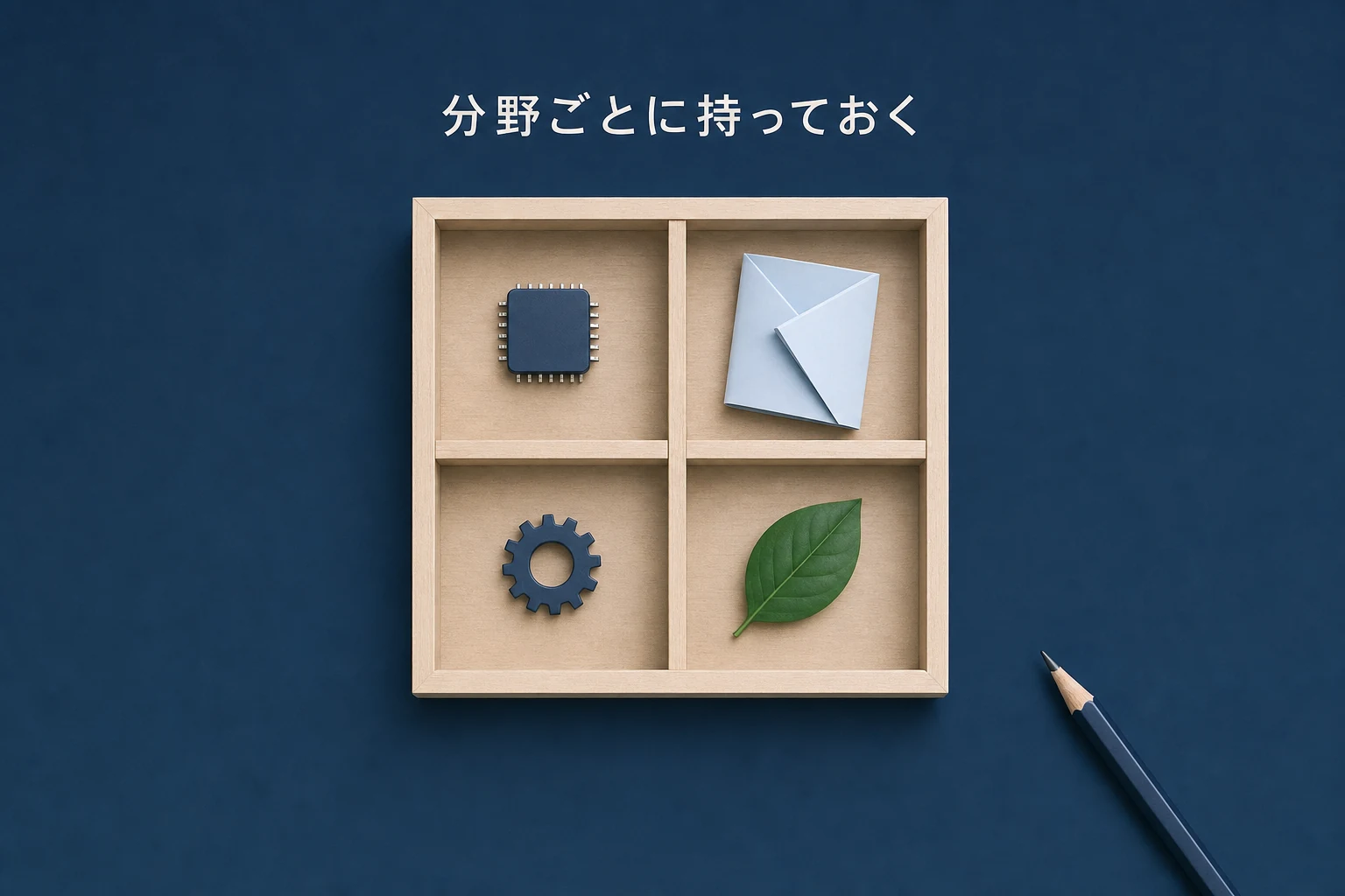 四つに仕切った浅い木箱に、分野ごとの小さな品が収められている分散投資のアイキャッチ