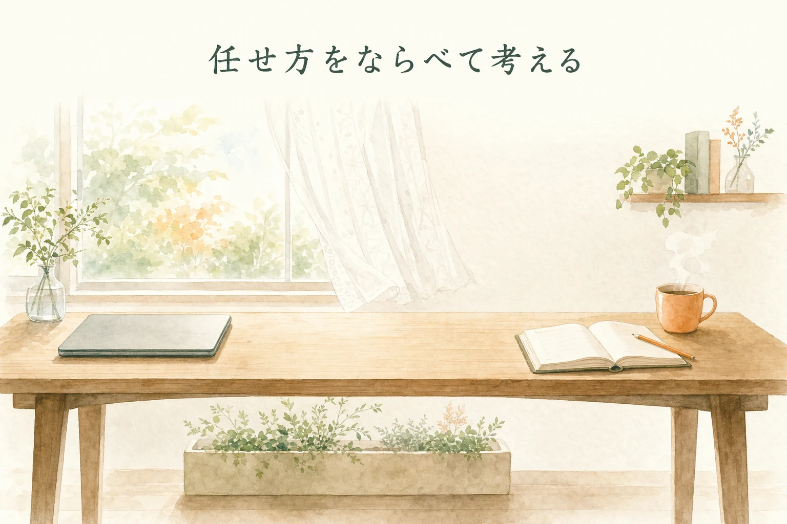 窓辺の机に閉じたノートパソコンと紙の手帳を左右に並べた、家の中の書き物机のアイキャッチ