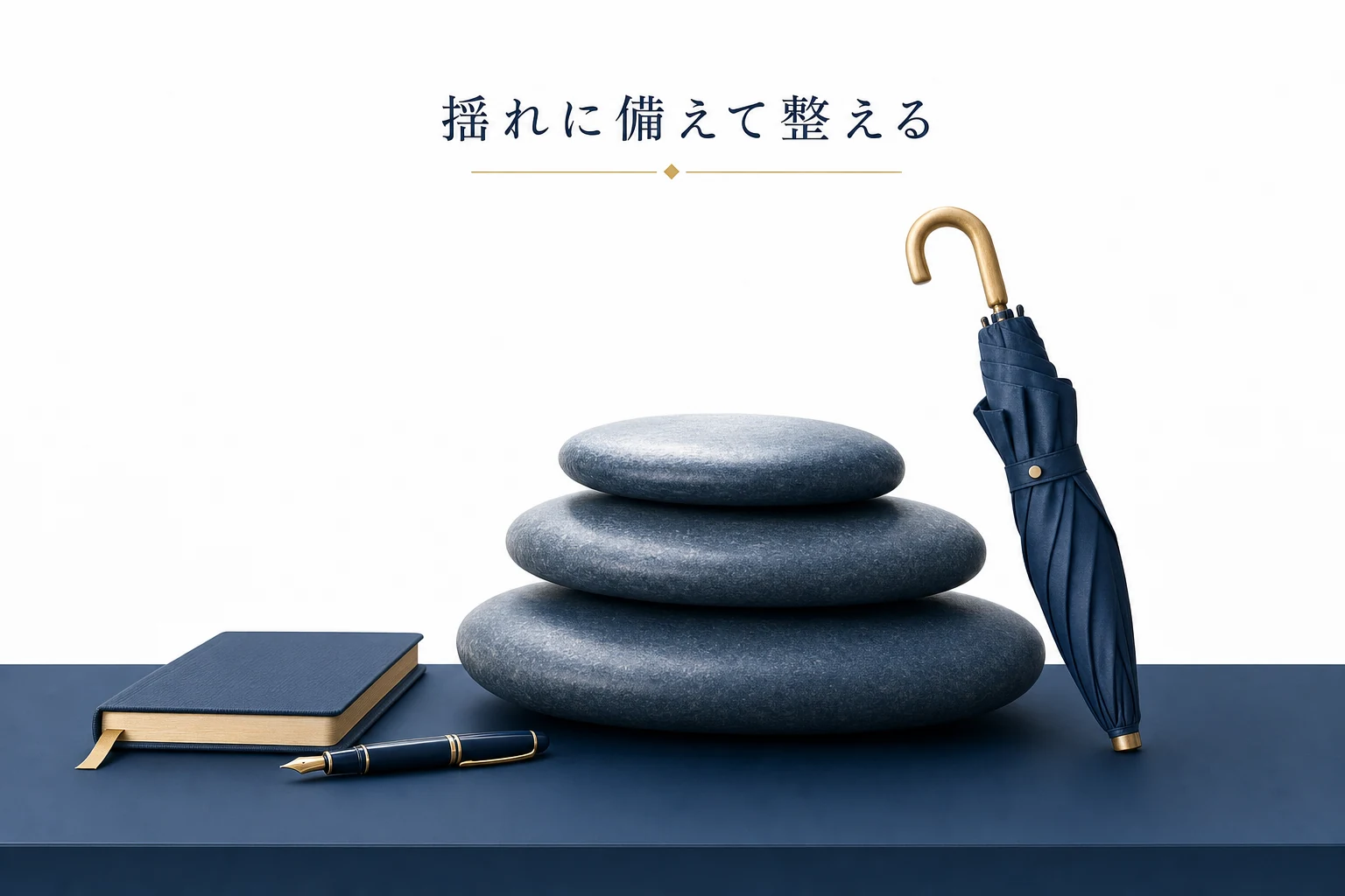 積み上げた平たい石と傘、閉じたノートを正面からとらえた、備えを整えるアイキャッチ