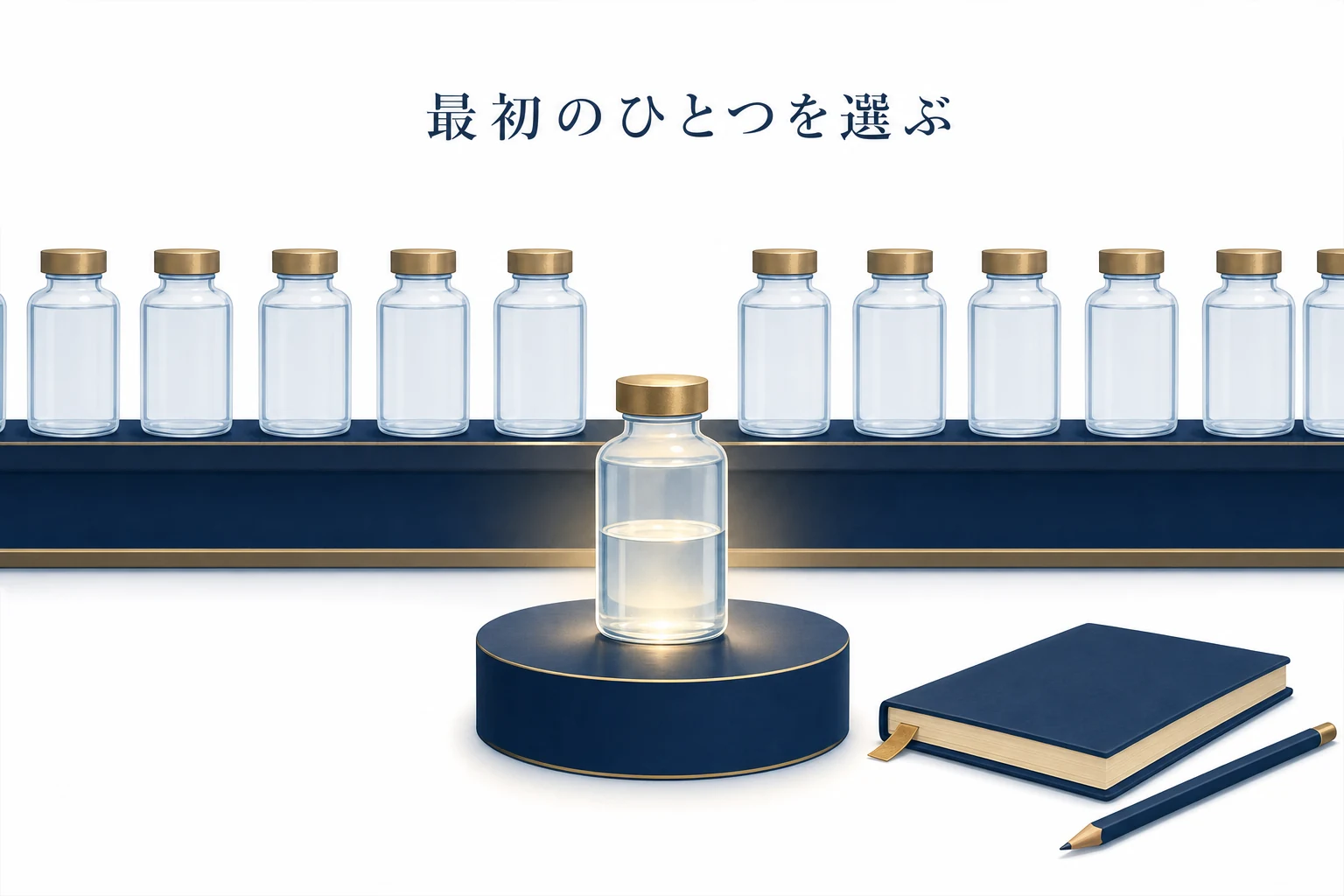 棚に並ぶ同じ形の瓶のうち、手前の一つだけに光が当たる、最初の一本を選ぶアイキャッチ