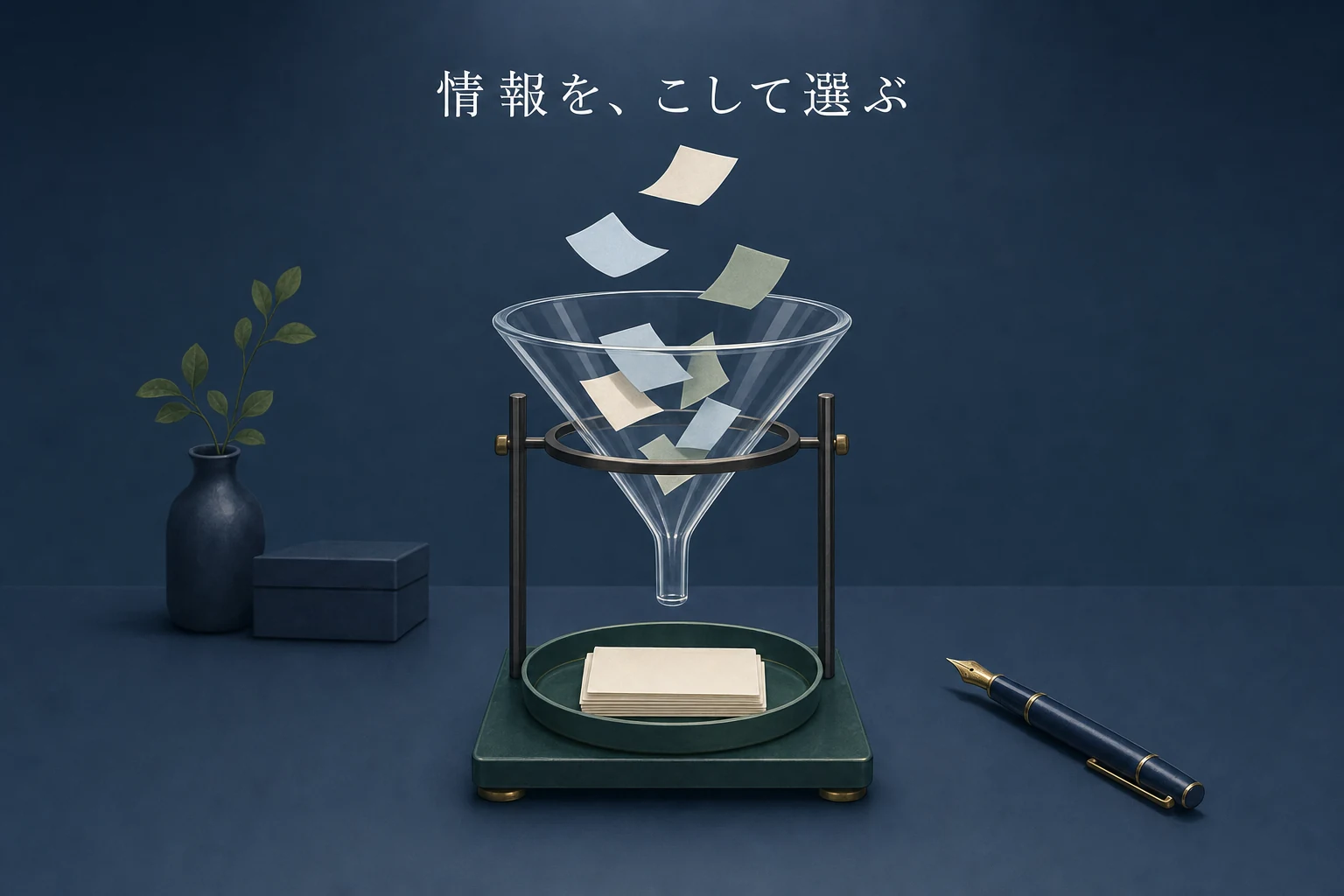 ガラスのじょうごに紙片が入り、下の受け皿にそろったカードが落ちている情報整理のアイキャッチ
