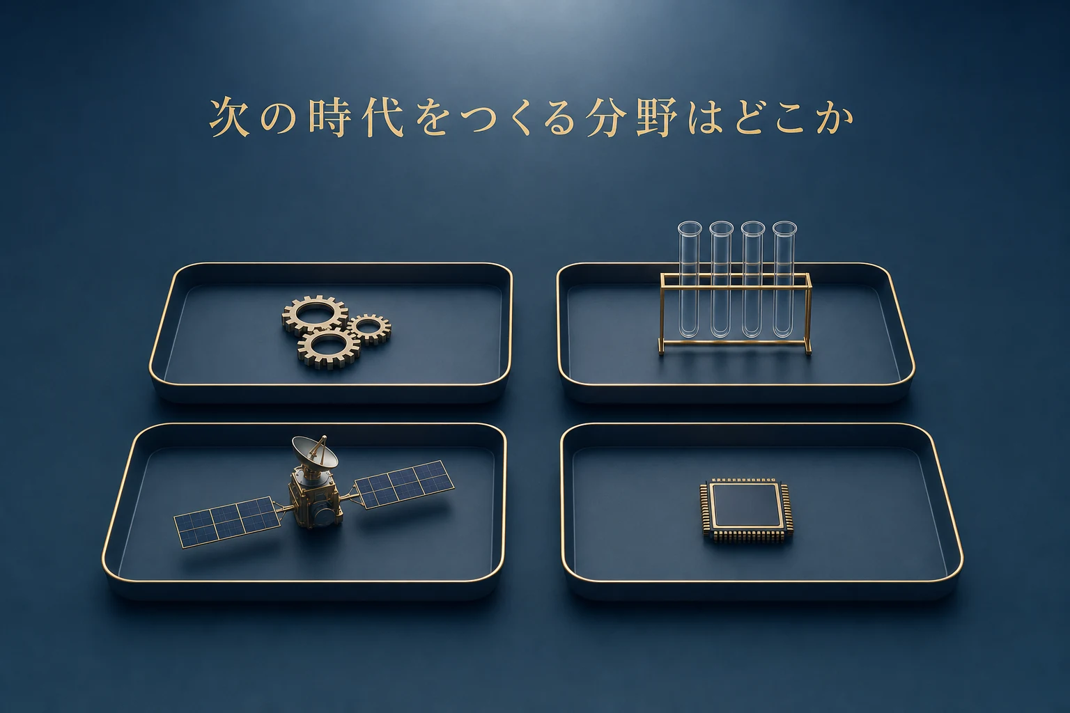紺の机に置いた四つの浅いトレイに、分野ごとの小さな道具が収まっている成長分野のアイキャッチ