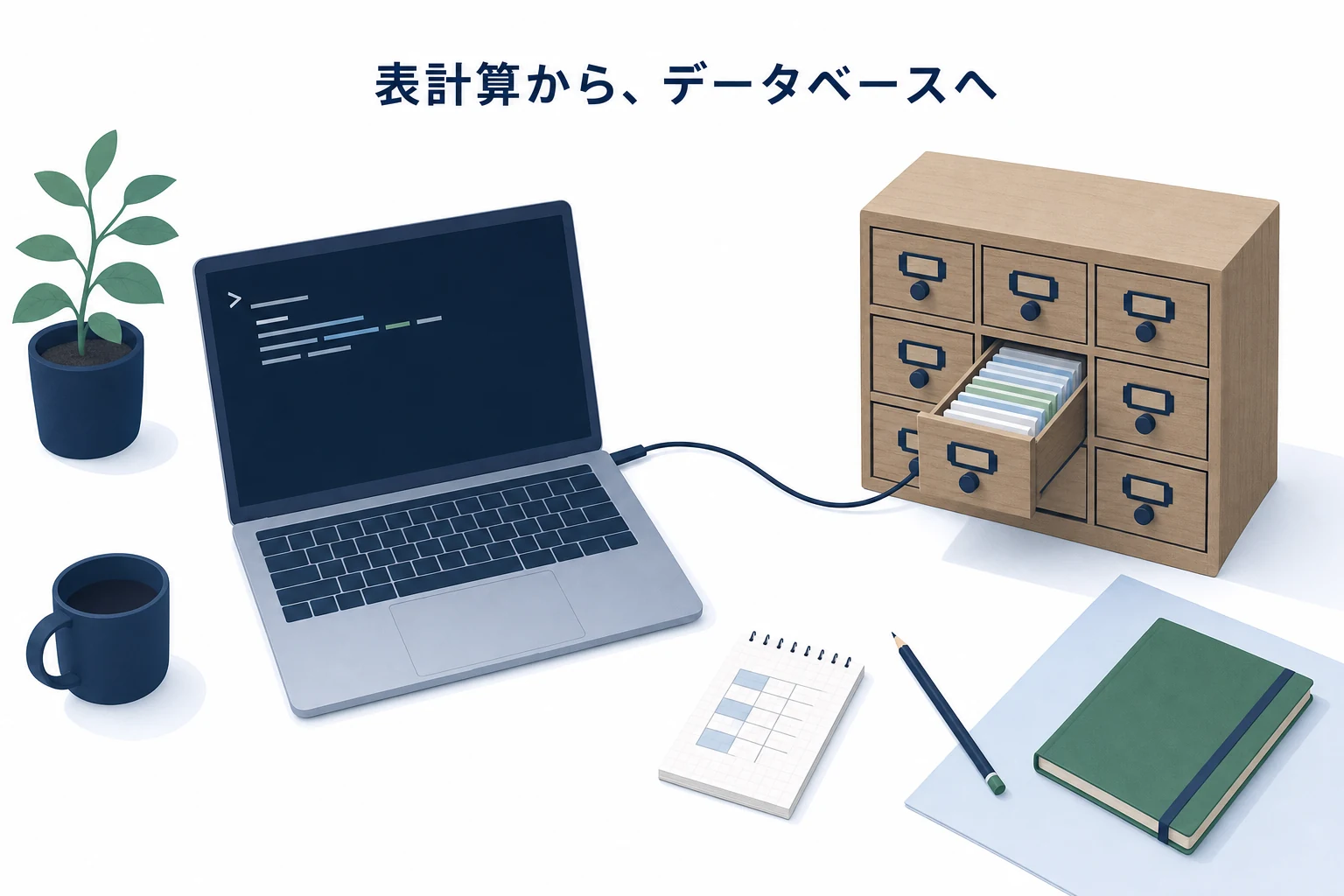 引き出しの並んだ整理箱から細い線がノートパソコンへ伸びる、データベース導入を表したアイキャッチ