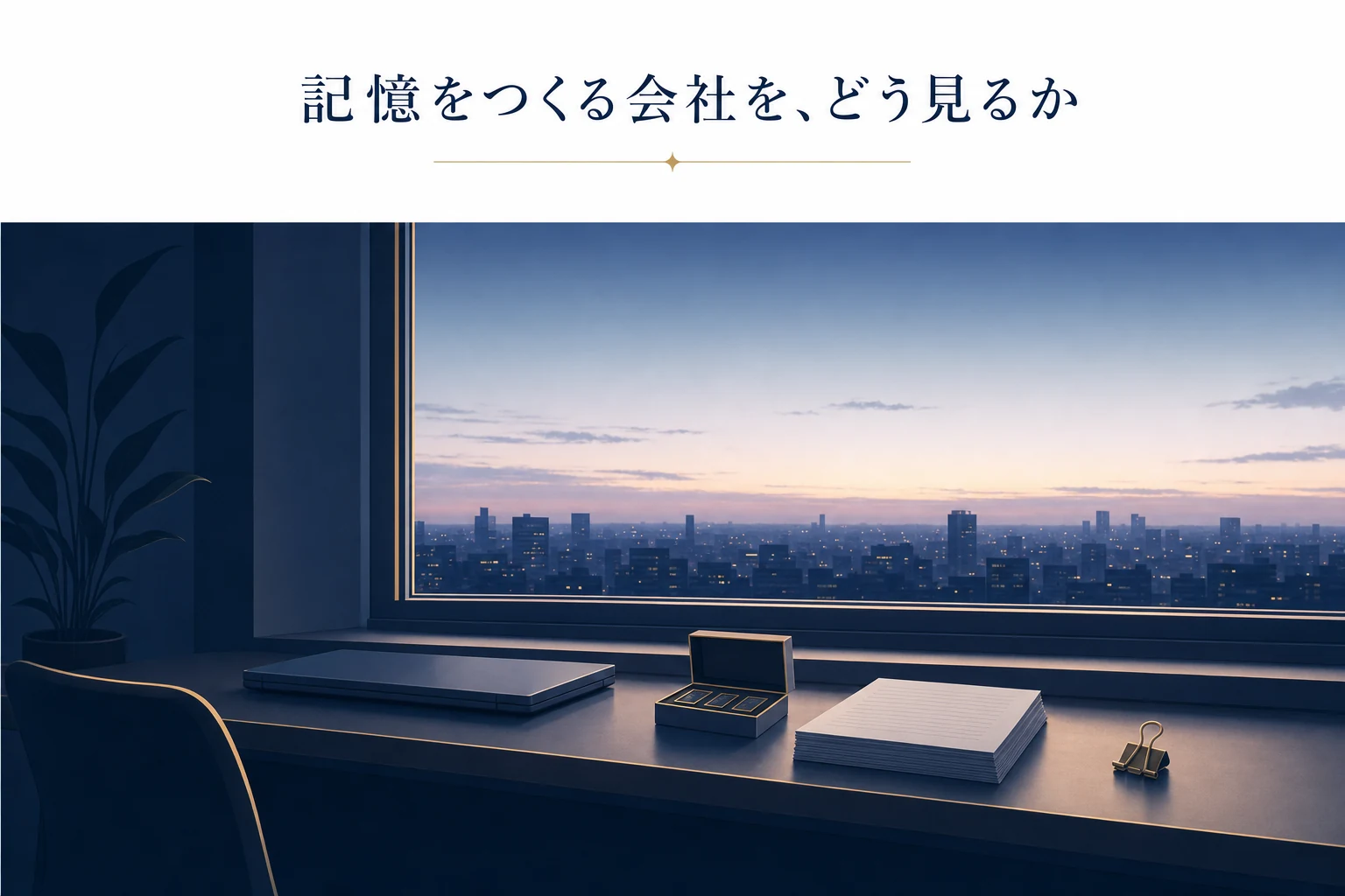 夜明けの窓辺の机に記憶チップの箱と書類が置かれた、メモリ企業の株を見極める場面のアイキャッチ