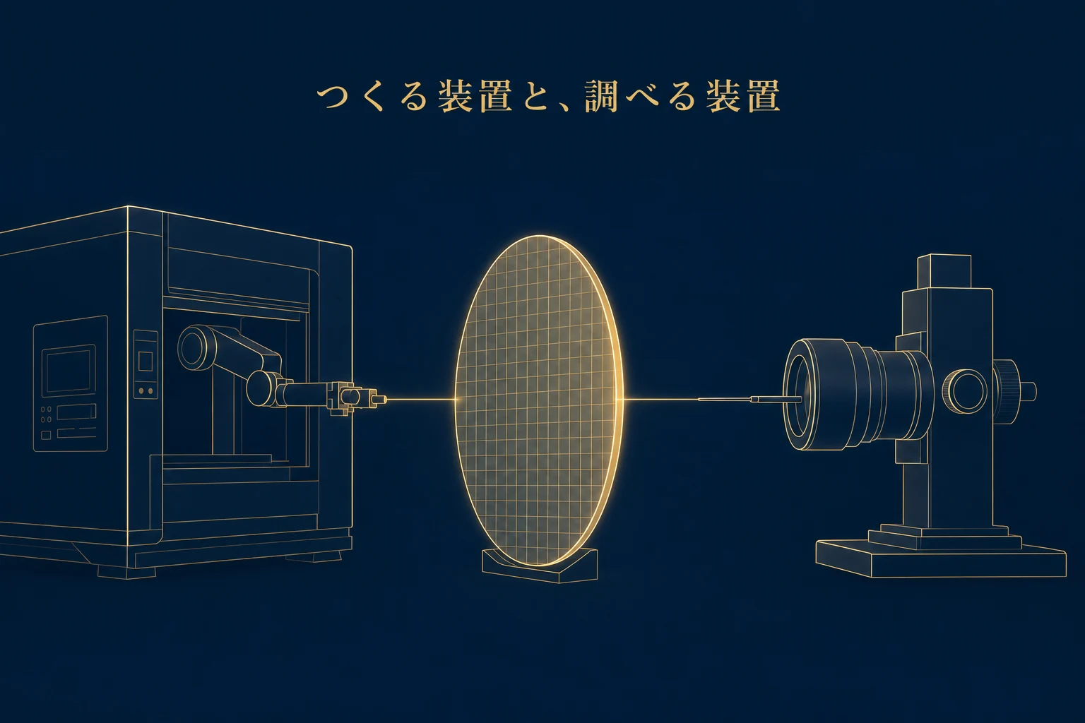 中央のウエハーに向かって、左から加工の装置、右から検査のレンズと針が線でつながる対比のアイキャッチ