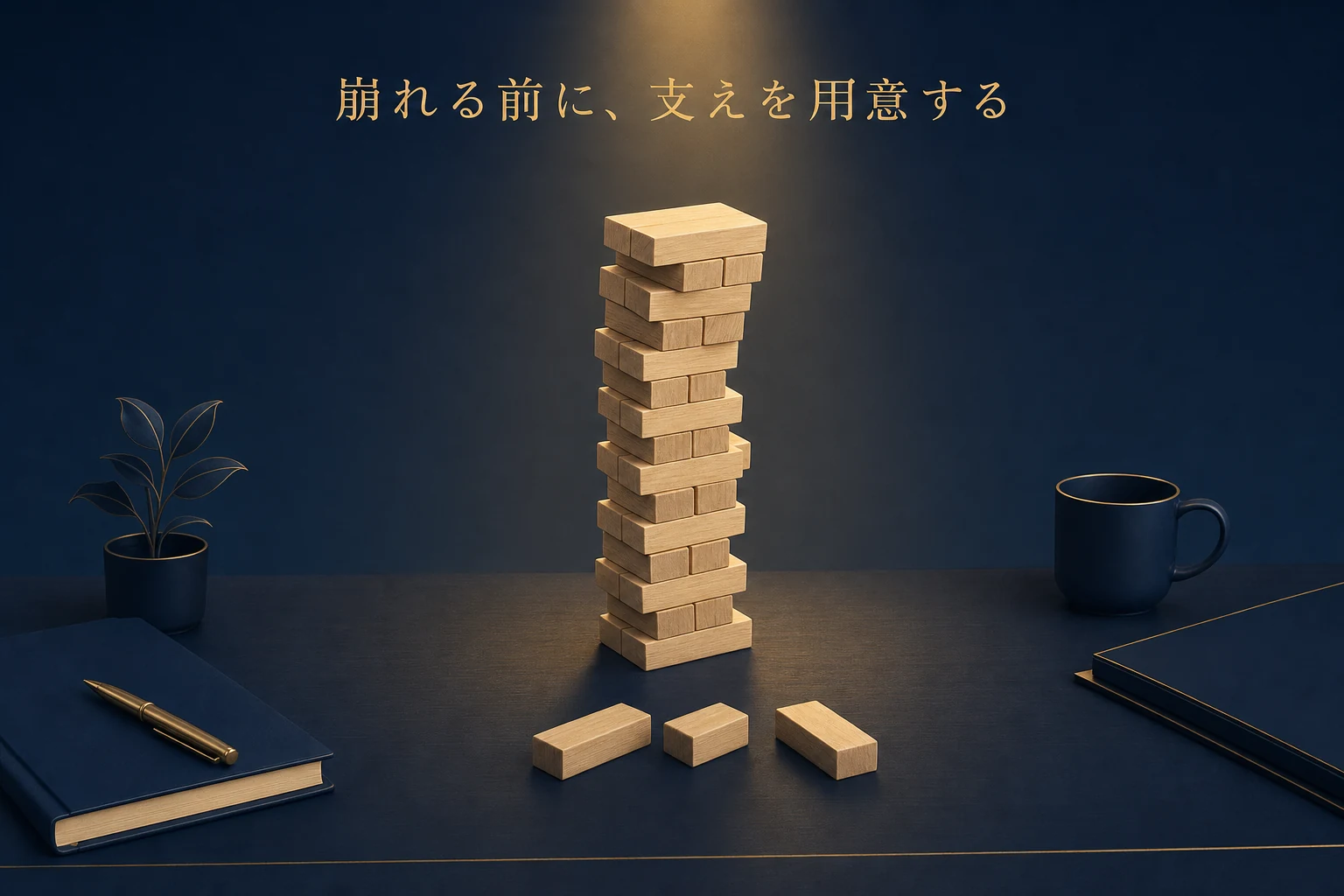 少し傾いた積み木の塔の手前に、支えの木片が三つ用意されている、備えを表したアイキャッチ
