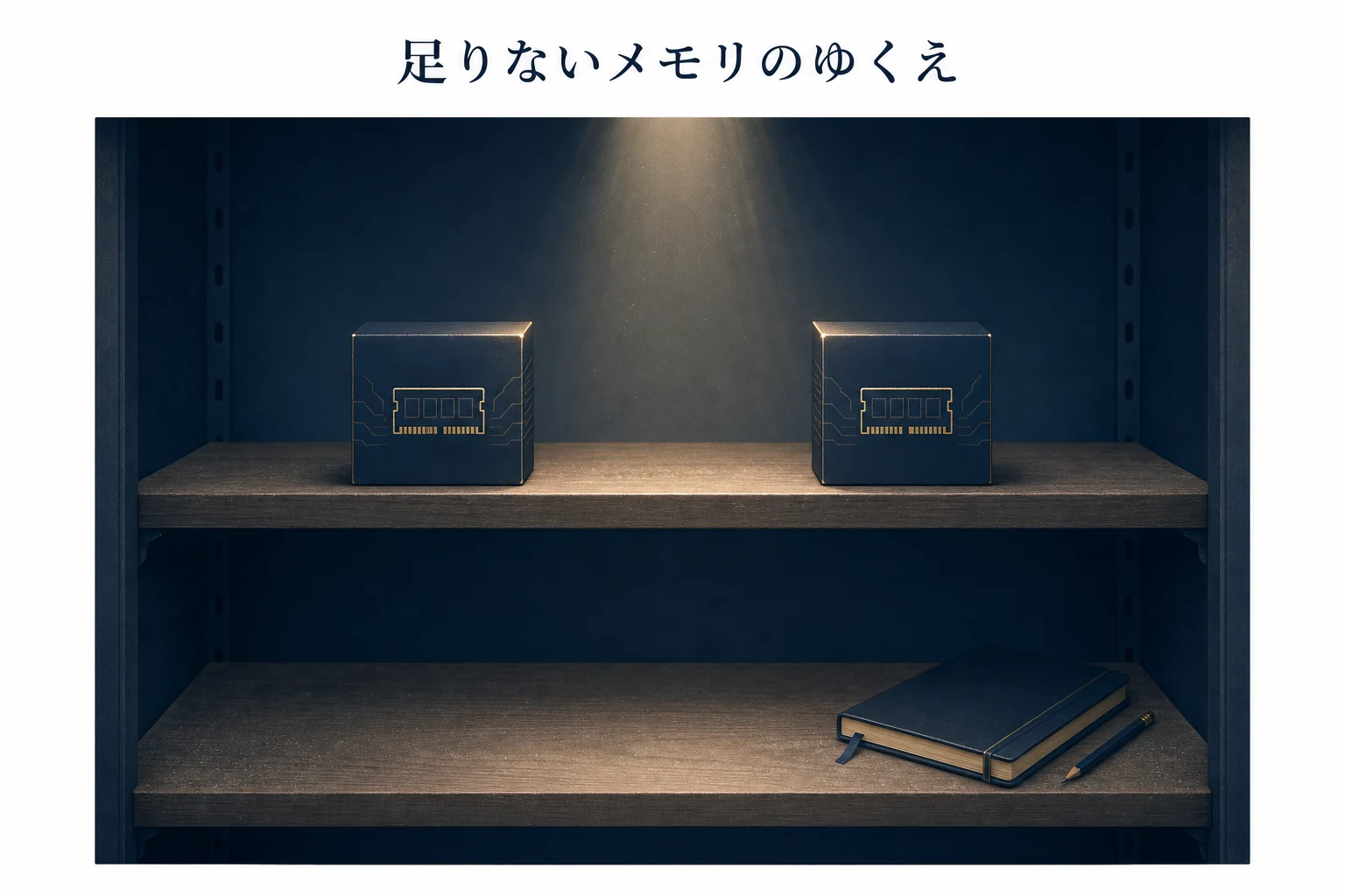 棚に残った少数のチップの箱と空いた棚板を正面からとらえた、メモリ不足のアイキャッチ