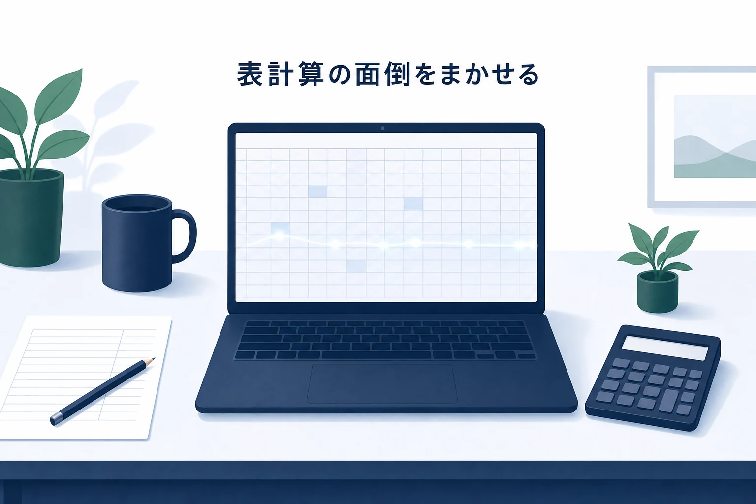 ノートパソコンの画面に空欄の方眼だけが表示され、横に電卓と紙の表が置かれた表計算のアイキャッチ