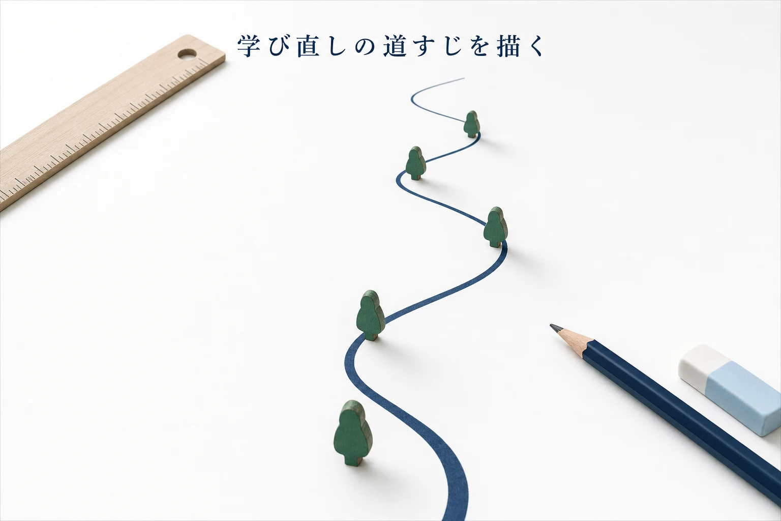 机に広げた白い紙の上に奥へ伸びる一本の太い線と、木の小さな目印がいくつか置かれた俯瞰のアイキャッチ