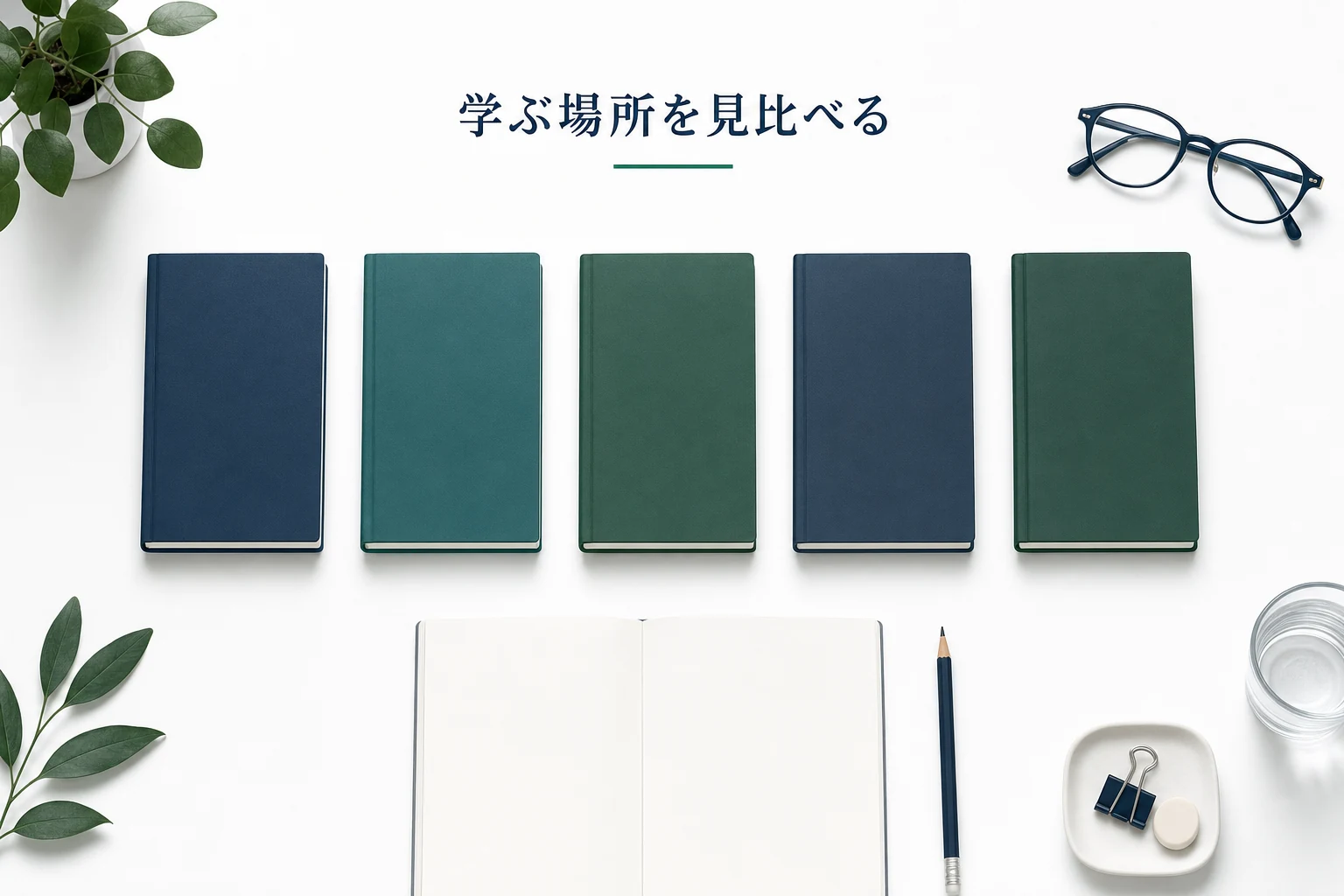 同じ形のノートが五冊、机に等間隔で立てて並べられた学校選びのアイキャッチ