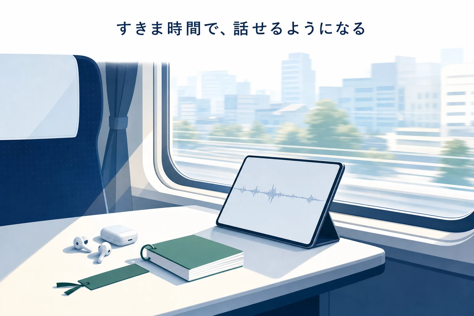 電車の窓辺の小さなテーブルに端末とイヤホン、単語帳が置かれた、すきま時間の学習のアイキャッチ