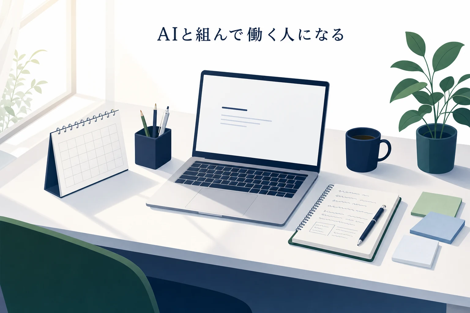 開いたノートパソコンの横に学習ノートと付箋、マス目だけのカレンダーが並ぶ、学び直しのアイキャッチ