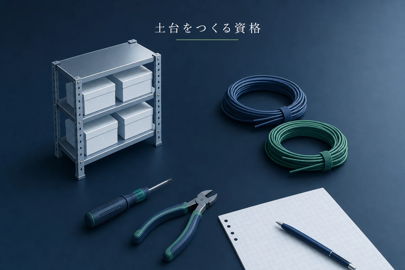 束ねたケーブルと小さな棚の模型が並び、手前に工具が置かれた土台づくりのアイキャッチ