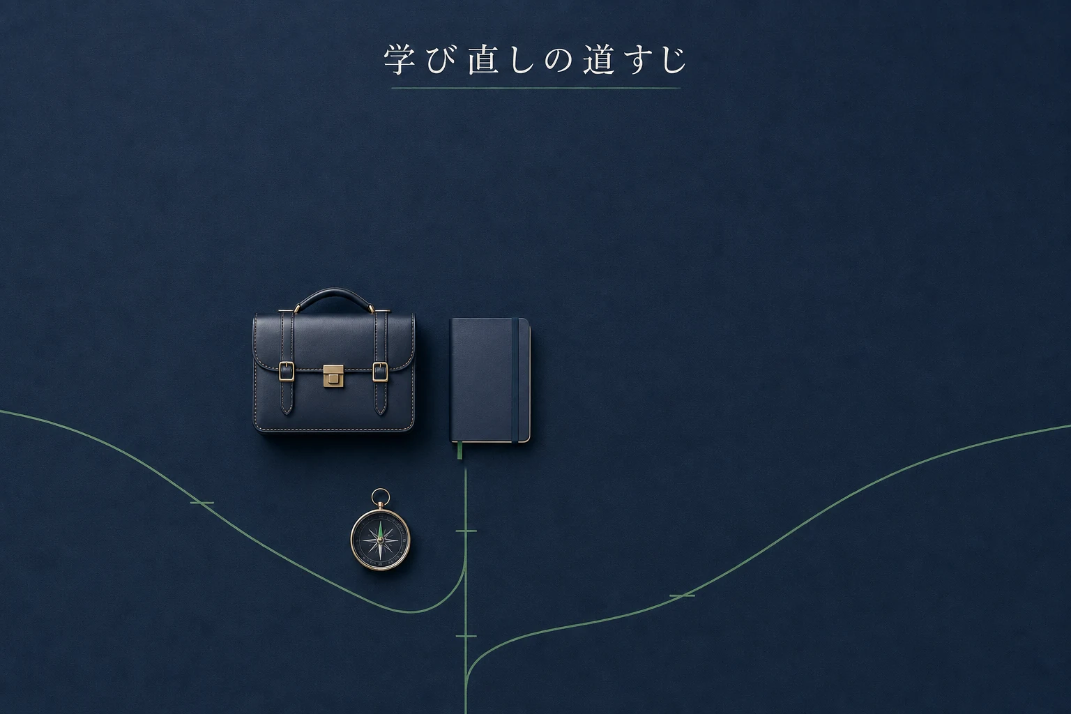 二本の細い道が机の上で合流し、その先に真新しい鞄と手帳が置かれた学び直しのアイキャッチ