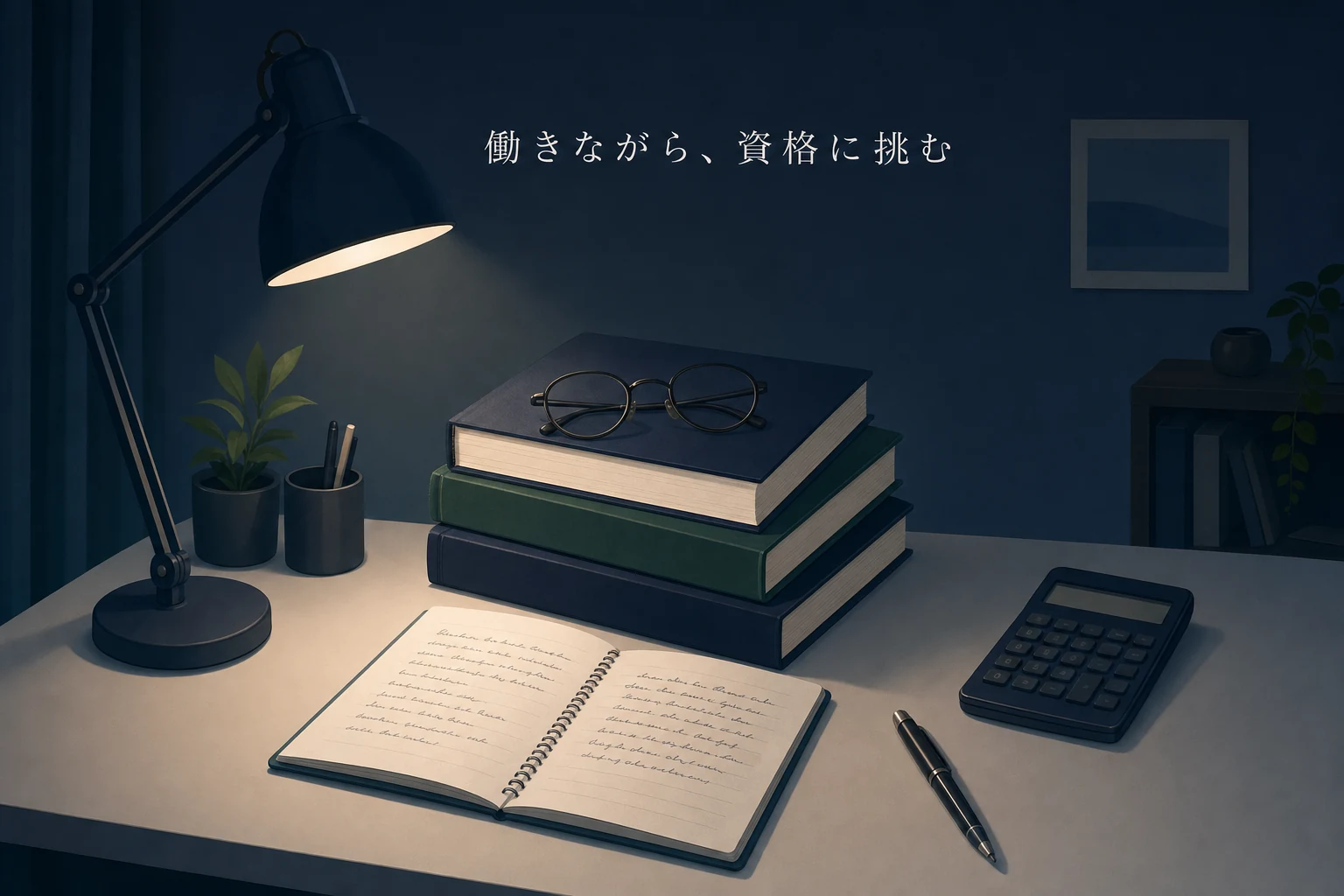 夜の机に積んだ専門書と眼鏡、表示の消えた電卓と英字ノートが並ぶ、働きながらの資格挑戦のアイキャッチ