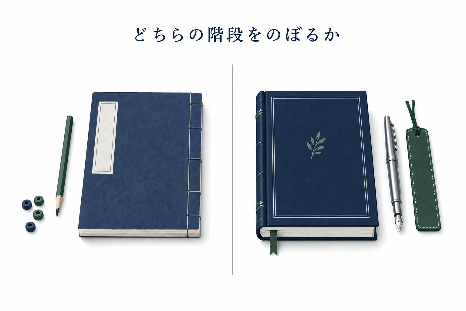 中央の仕切りをはさんで左に和綴じの帳簿と鉛筆、右に洋書風の厚い本と万年筆が並ぶ左右対比のアイキャッチ