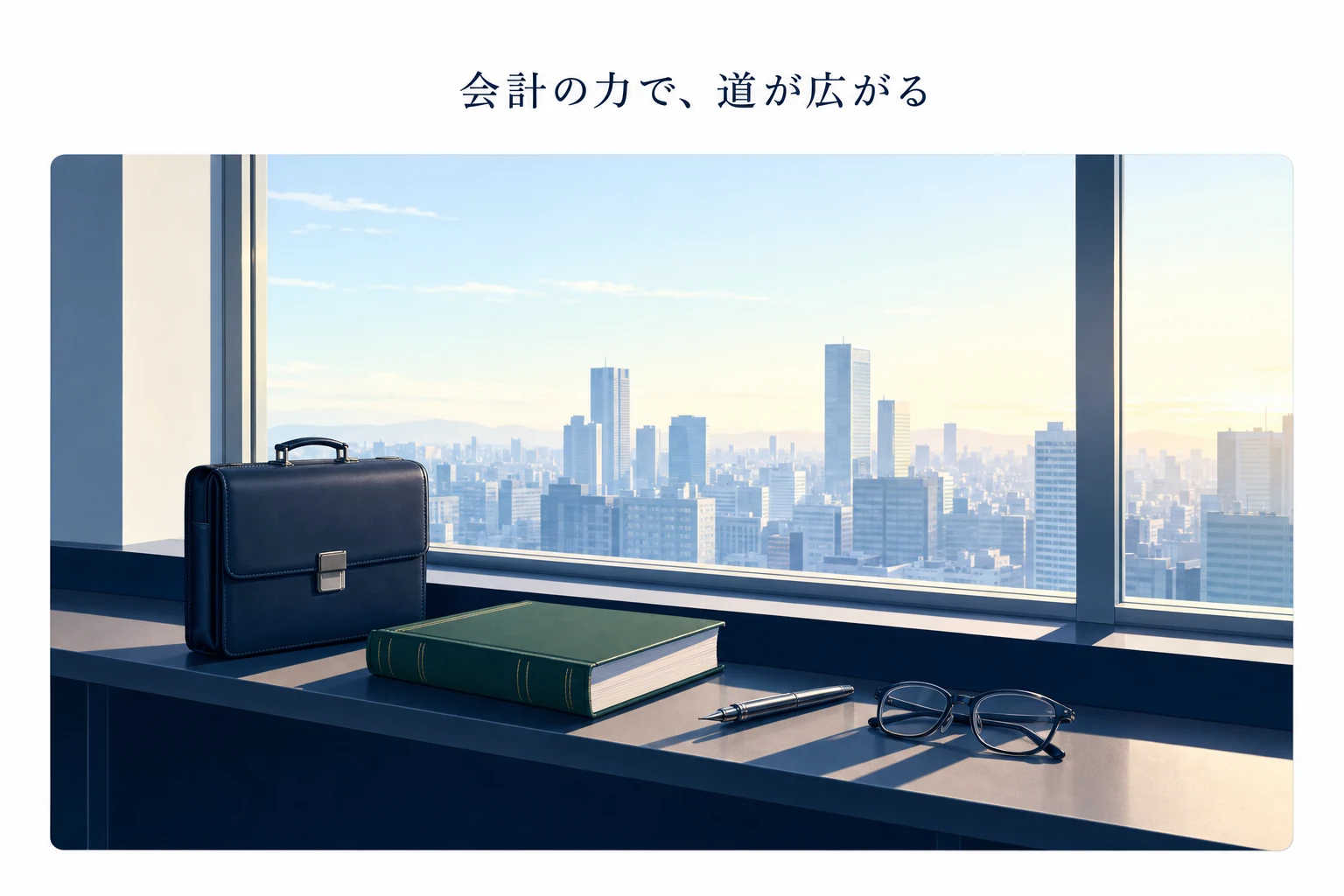 高層階の窓辺の机に革のブリーフケースと伏せた厚い本、万年筆と眼鏡が並び朝の街が広がるアイキャッチ