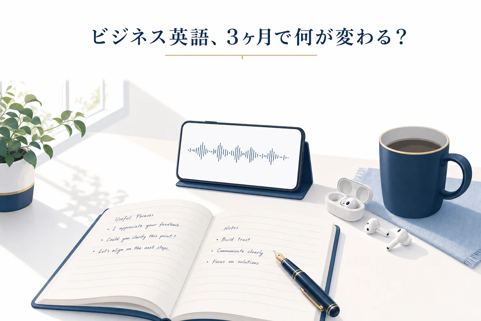デスクの上でスマートフォンに向かって英語を話す練習をしている様子と、ビジネス英語の学習ノートを描いたアイキャッチ