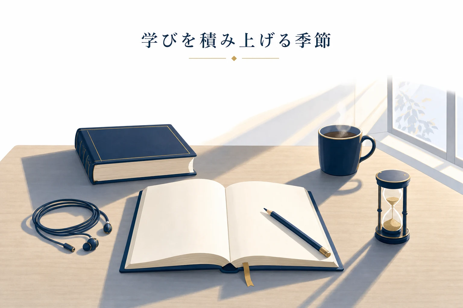 机の上の英語ノートとイヤホン、砂時計で三か月の学習計画を表したアイキャッチ