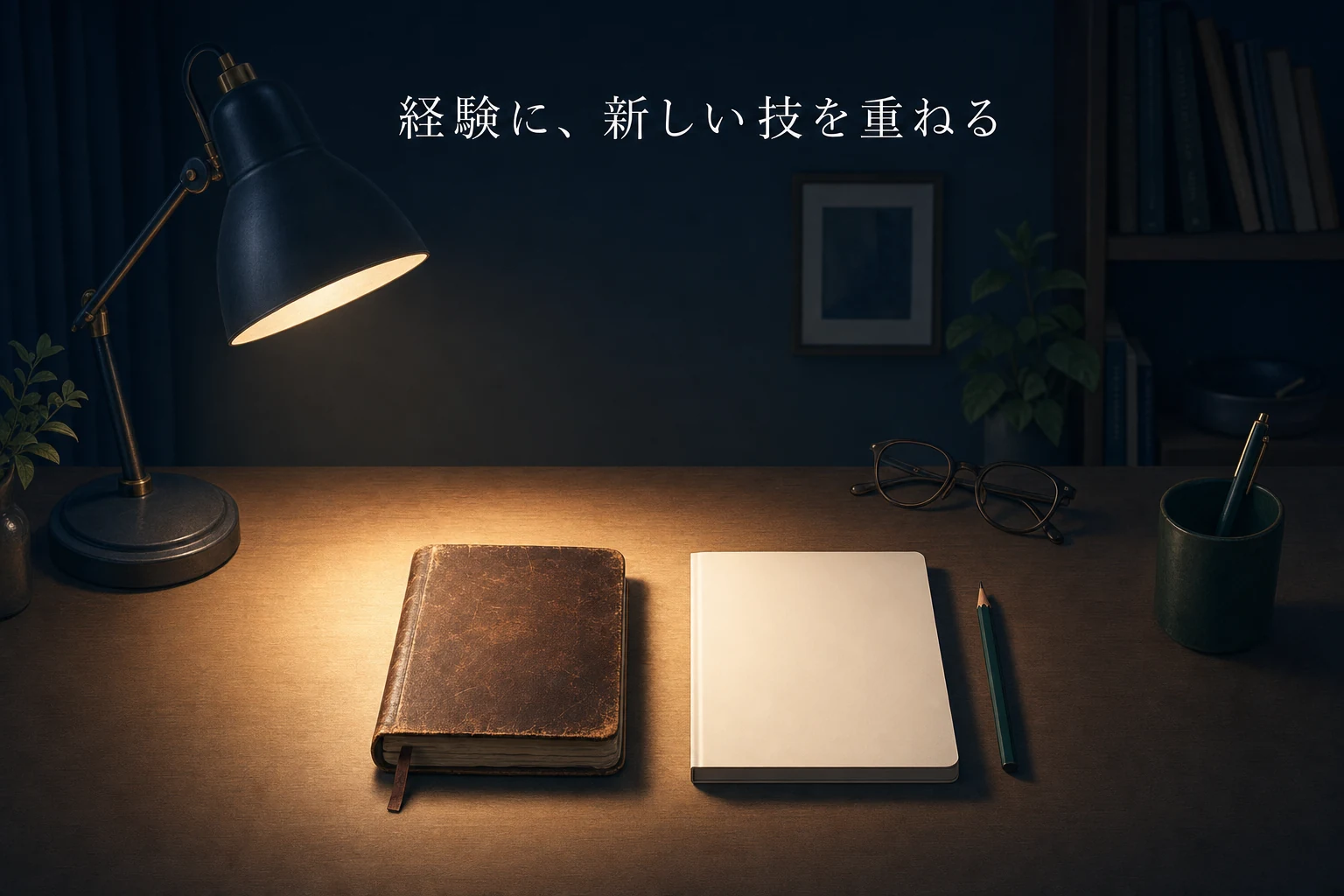 夜の書斎の机に使い込まれた革の手帳と真新しいノート、削りたての鉛筆が並ぶ、経験に新しい学びを重ねる場面のアイキャッチ