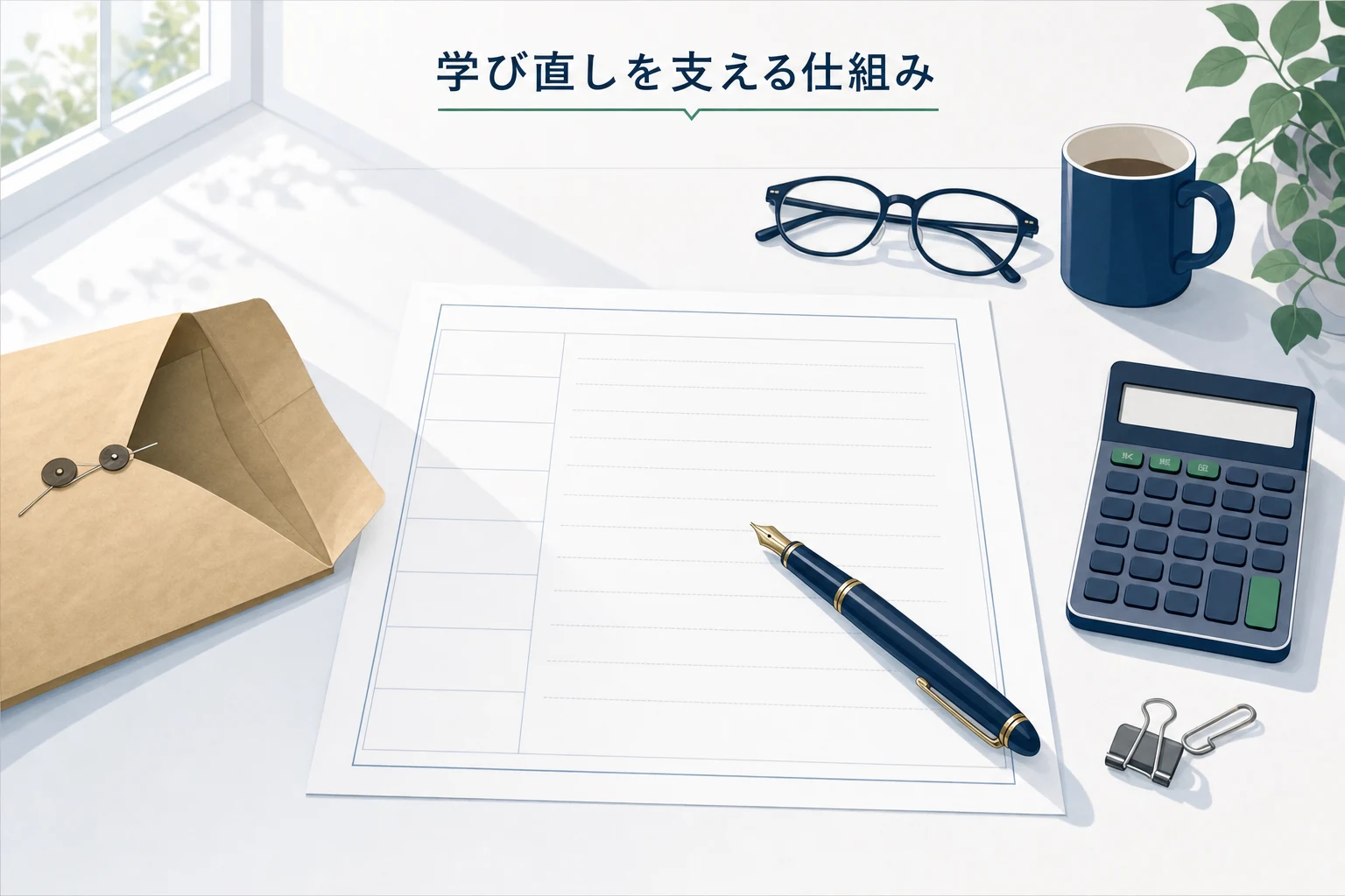 机に広げた罫線だけの白い申請用紙と万年筆、茶封筒と表示の消えた電卓が置かれた、学び直しを支える制度のアイキャッチ