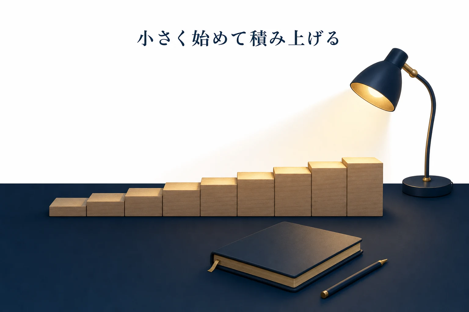 階段のように並べた木のブロックと小さなランプで、副業を積み上げる手順を表したアイキャッチ
