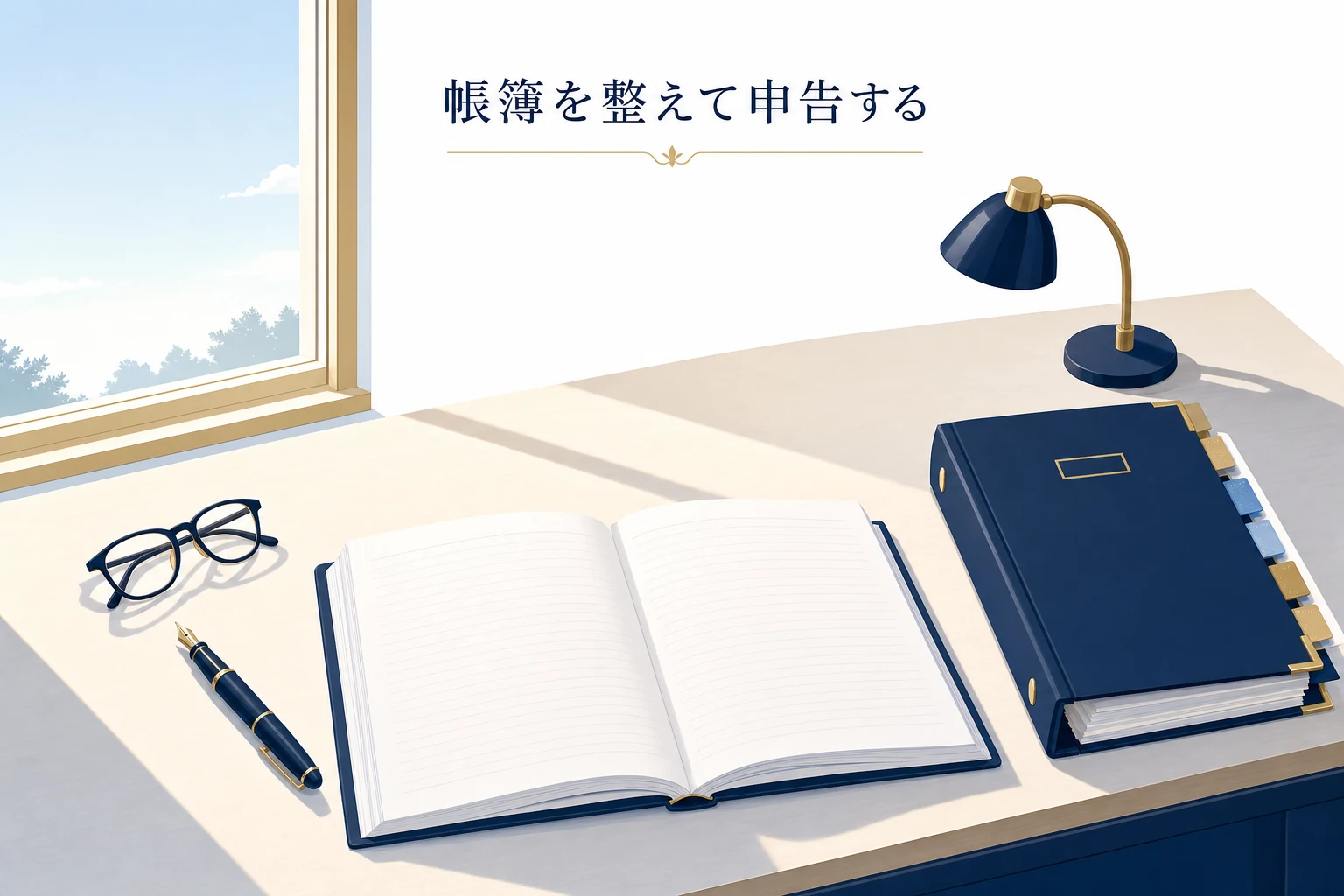 帳簿とインデックス付きのバインダー、朝の光を斜め上からとらえた確定申告のアイキャッチ