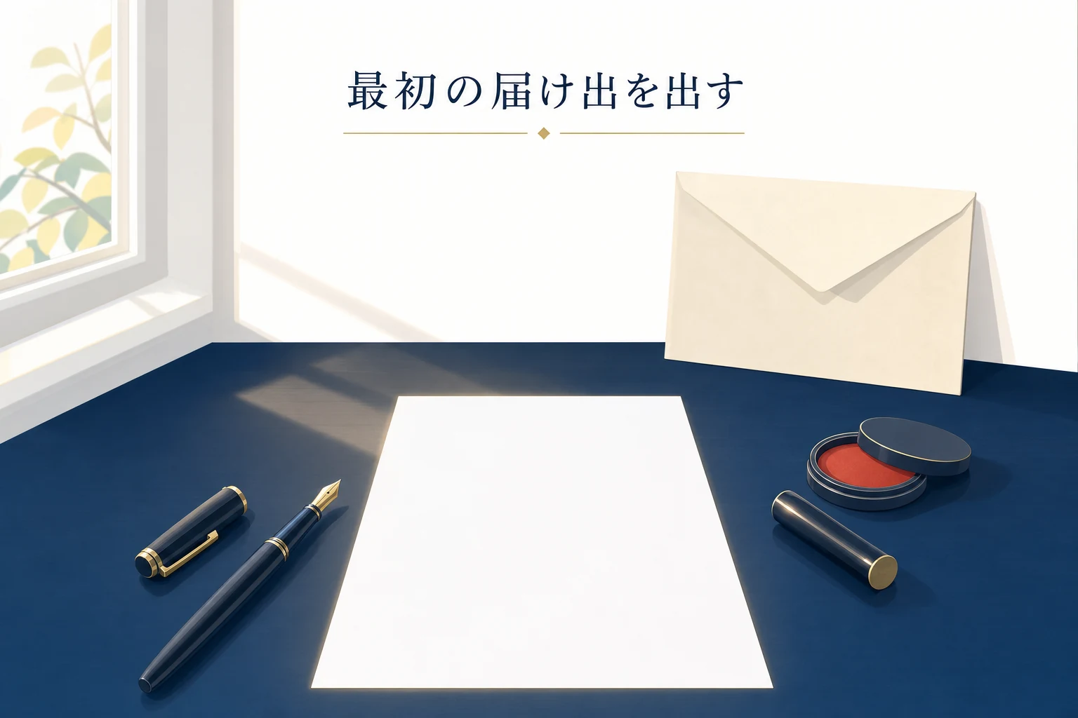 白紙の届出用紙と印鑑、万年筆、封筒を机に並べた開業手続きのアイキャッチ