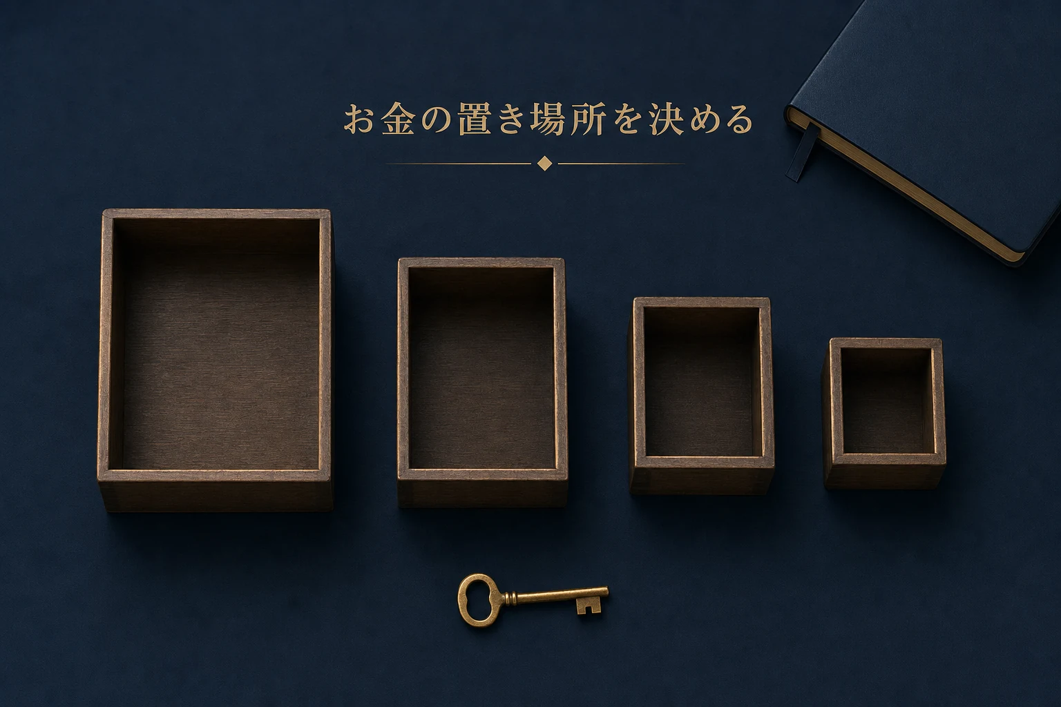紺の布の上に大きさの違う四つの木箱と真鍮の鍵を並べた、お金の置き場所のアイキャッチ