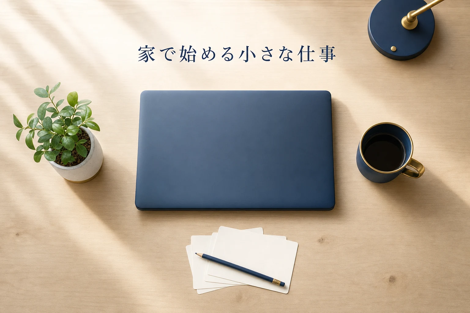 自宅の机を俯瞰でとらえ、ノートパソコンとマグカップ、小さな観葉植物を並べたアイキャッチ