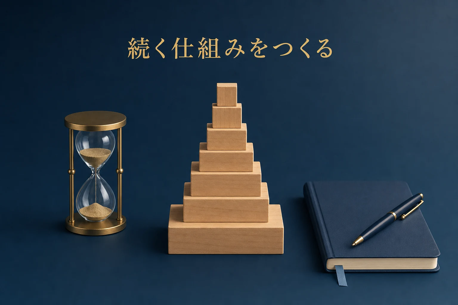 木のブロックで組み上げた小さな仕組みと砂時計を並べた、副業を続ける仕組み化のアイキャッチ