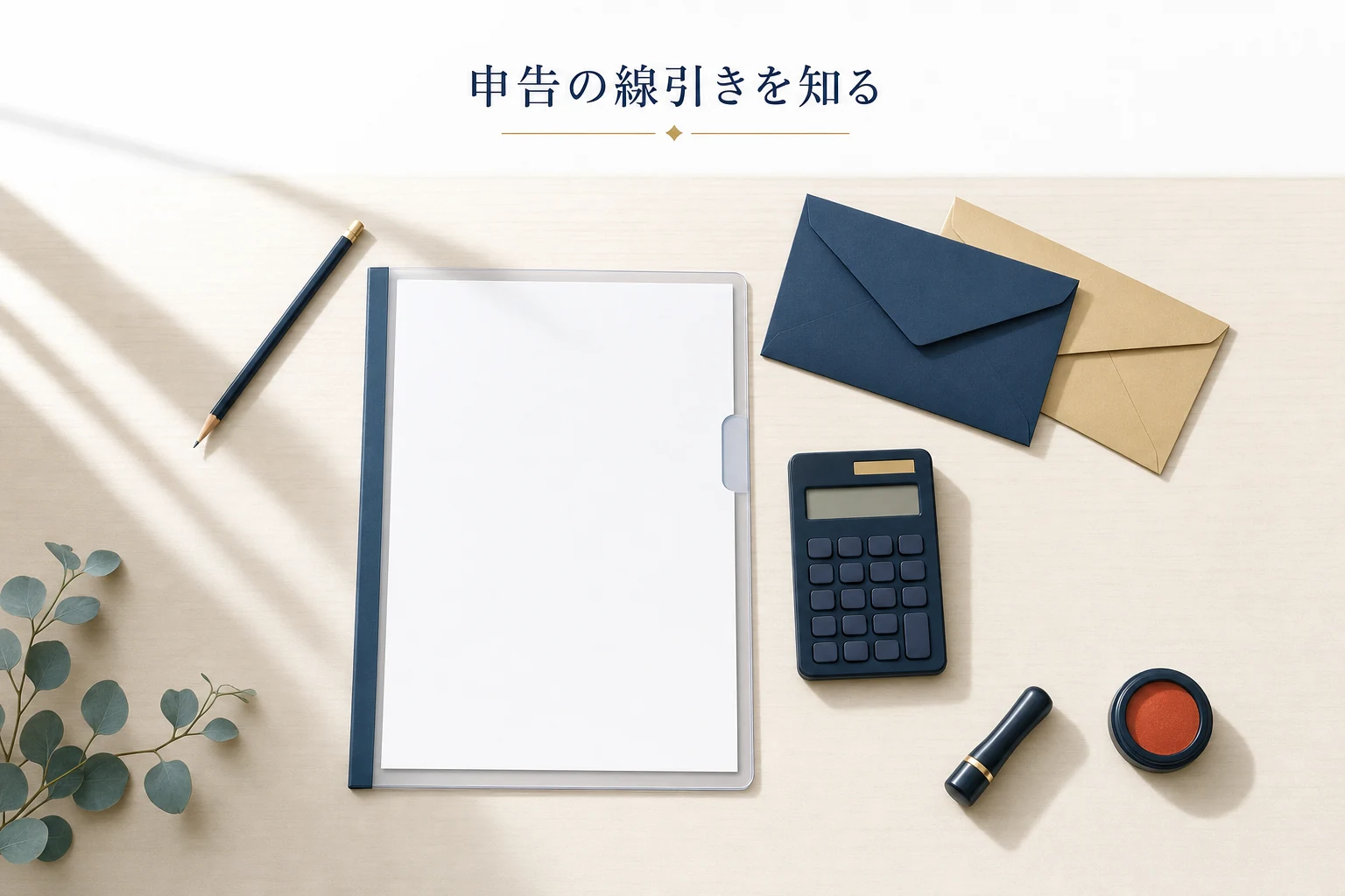 机の上の申告書類のファイルと電卓、封筒を俯瞰でとらえた、副業の税金のアイキャッチ