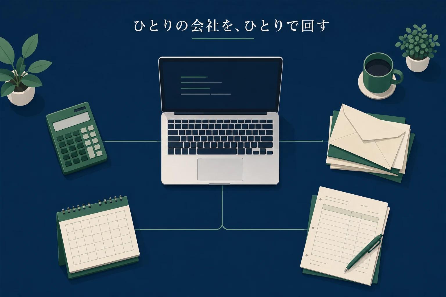 一台のノートパソコンから細い線が電卓や封筒、カレンダーへ伸びる、一人で会社を回す仕組みのアイキャッチ