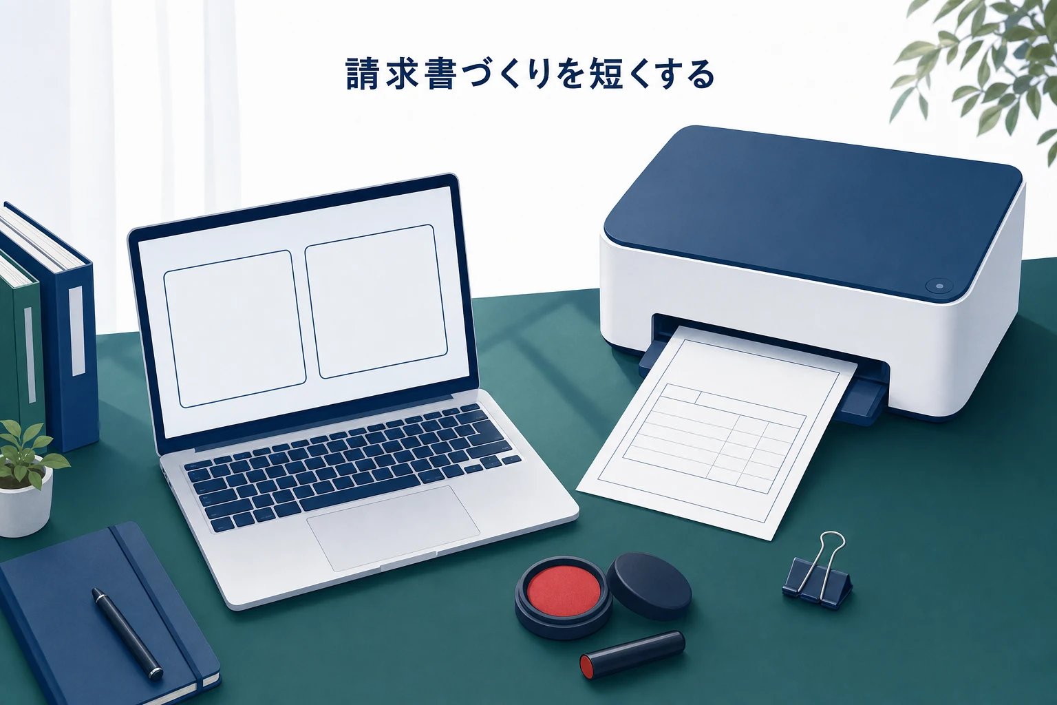 プリンタから罫線だけの伝票が出てきて、横にノートパソコンと判子が置かれた請求書作成のアイキャッチ
