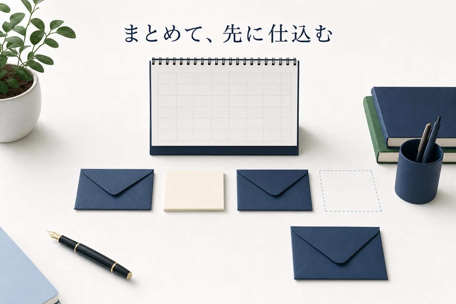 壁の卓上カレンダーの下に封筒と付箋が一列に並び、まとめて仕込む様子を描いたアイキャッチ