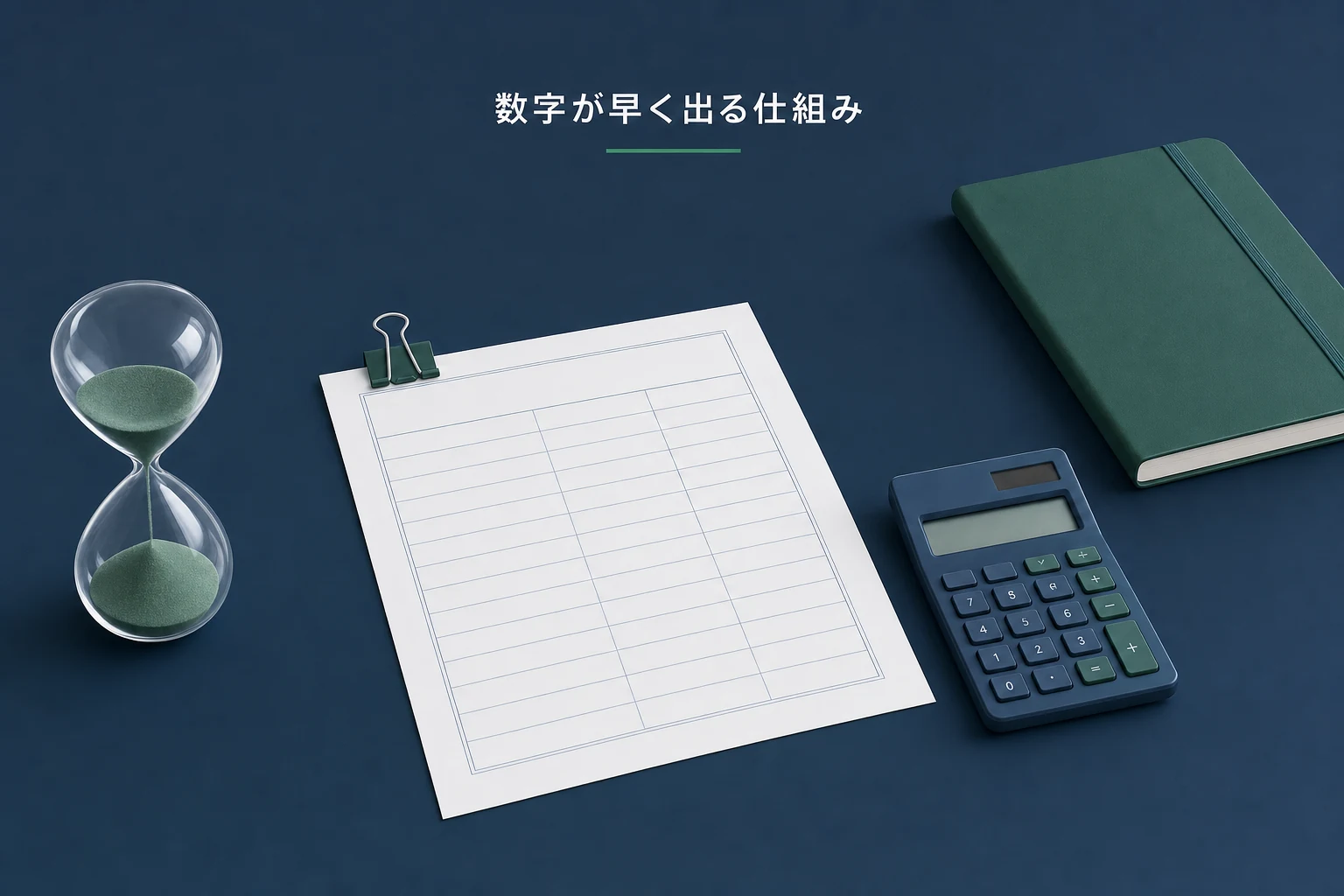 電卓と罫線だけの帳票、砂の落ちる砂時計が並ぶ、月次の数字が早く出ることを表したアイキャッチ