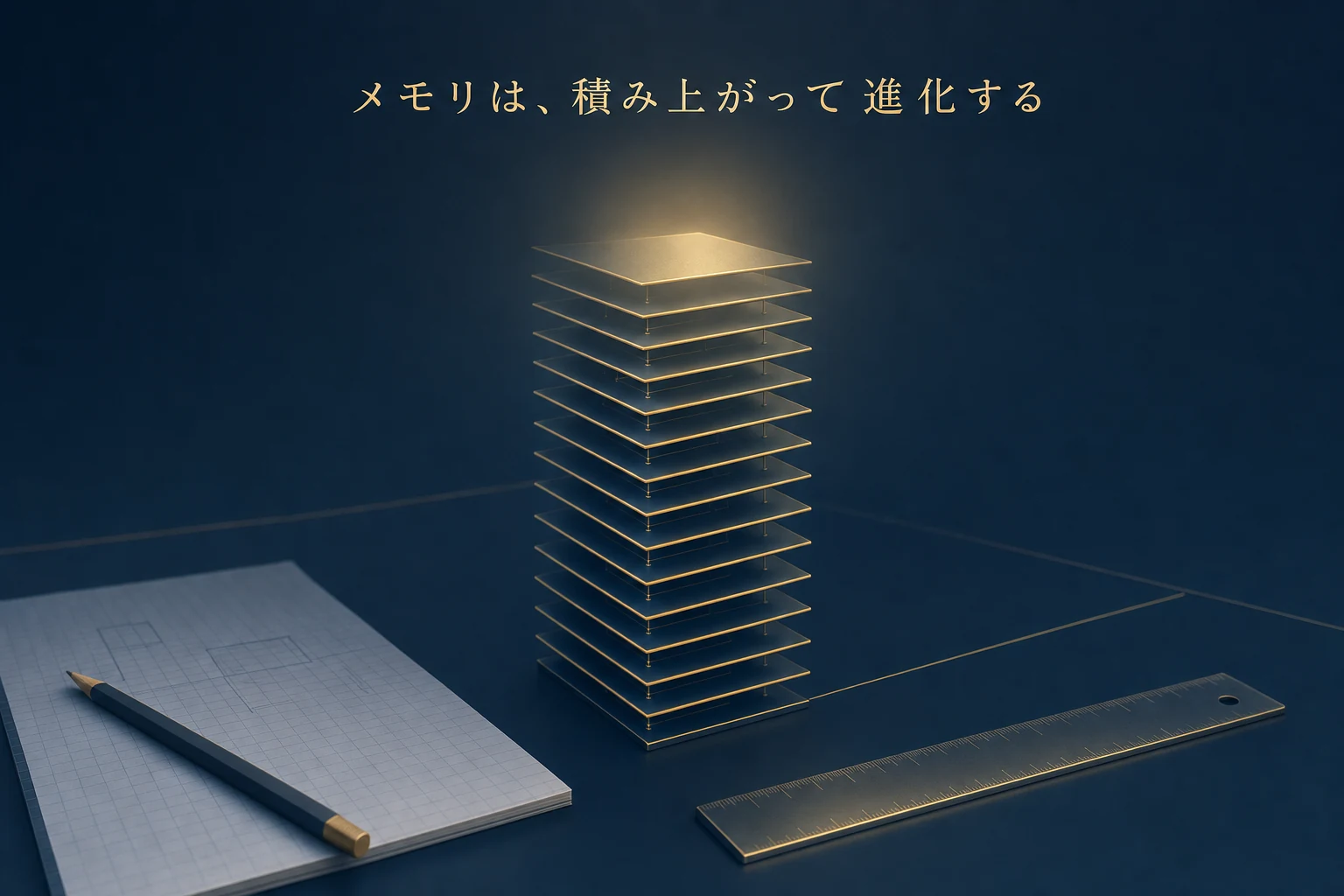 薄い板を積み上げた小さな塔が机に立ち、上から光が当たる、積層メモリの進化を表したアイキャッチ