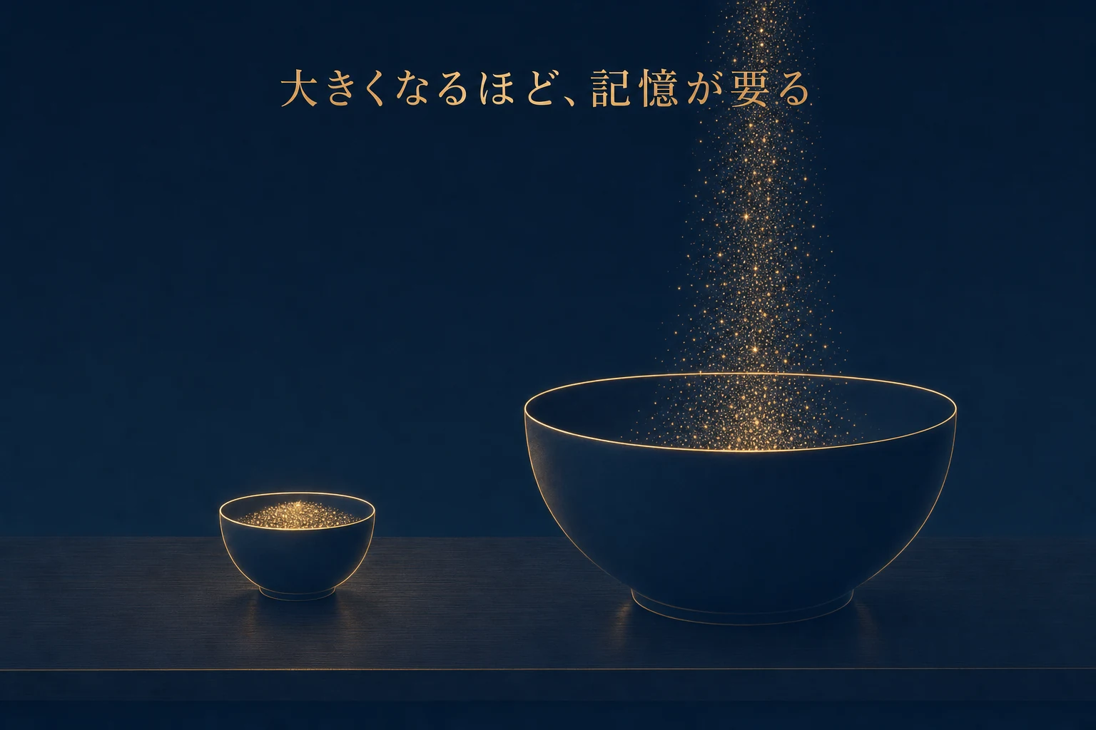 小さな器と非常に大きな器が並び、大きい方に細かい粒が注がれている、必要量の増大を表したアイキャッチ