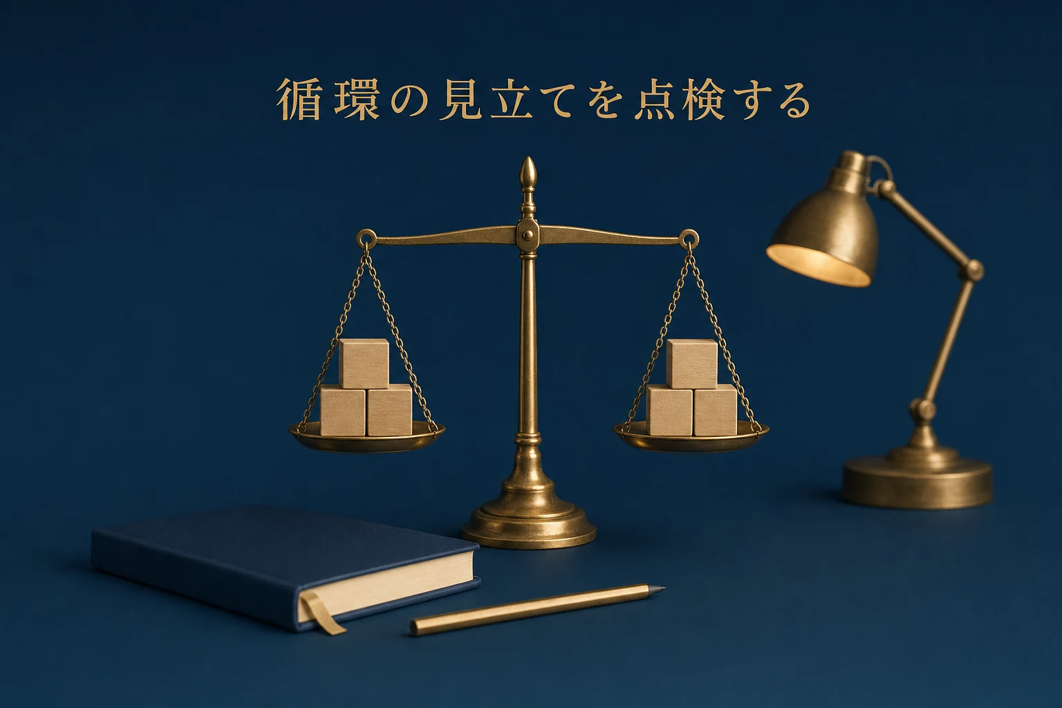 紺の布の上の天秤と積み木で、相場の見立てを静かに点検する場面のアイキャッチ