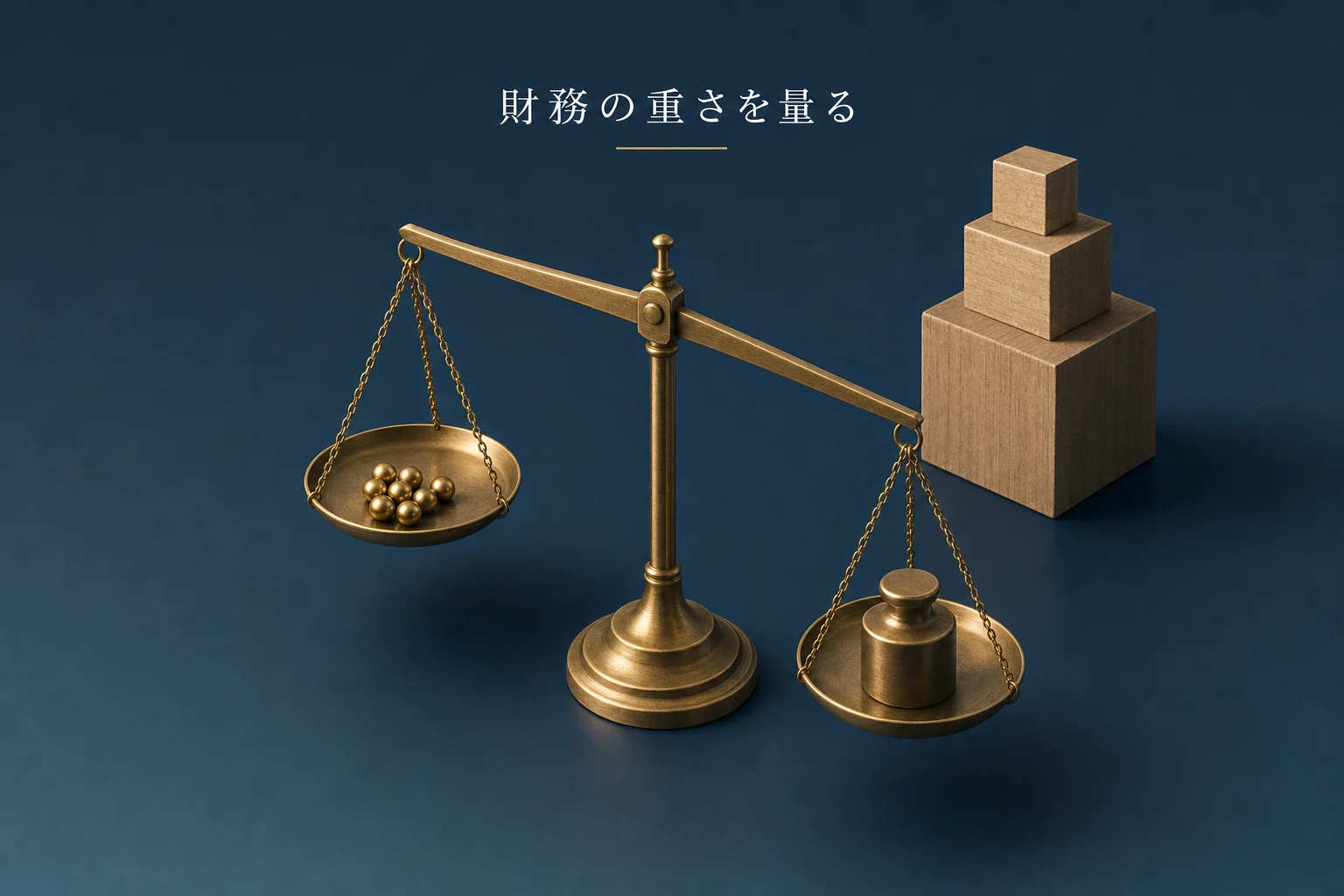 真鍮の天秤に金色の小さな玉を載せ、傍らに積み木を置いた、財務の強さを量るアイキャッチ