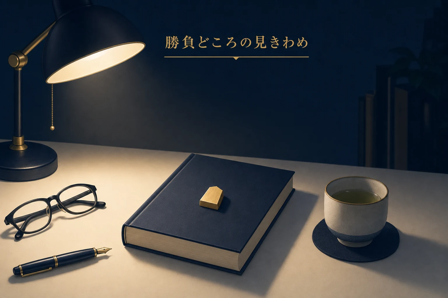 閉じた本と将棋の駒を一つ、湯呑みを机に並べた、勝負どころを見きわめる本のアイキャッチ