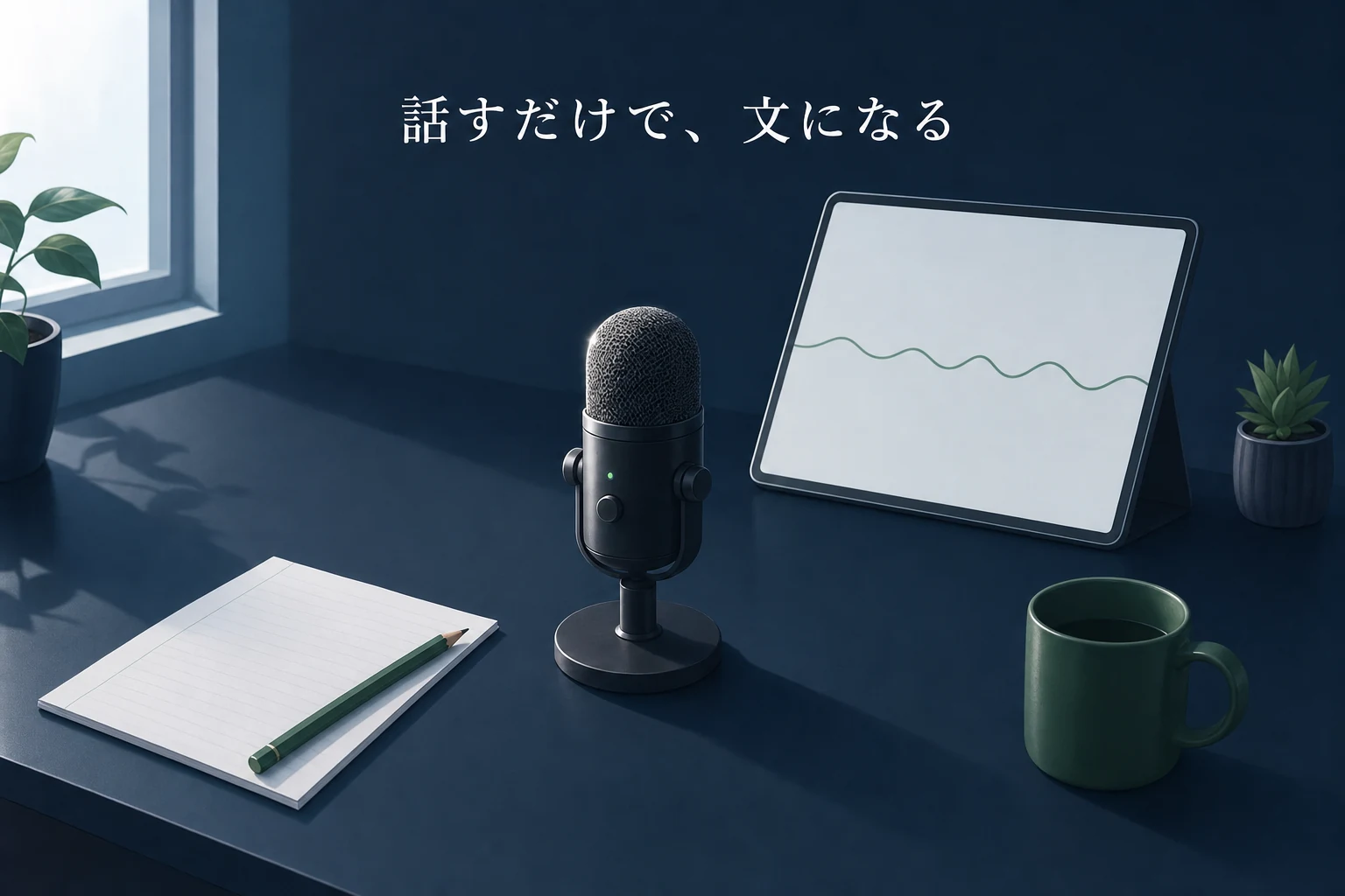 小さなマイクと、短い波形だけが映るタブレットが机に置かれた音声入力のアイキャッチ