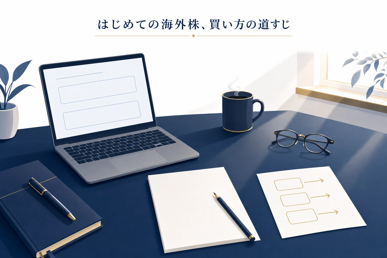 机の上のノートパソコンと手順を書いたメモ、矢印の図で海外株の買い方の道すじを表したアイキャッチ