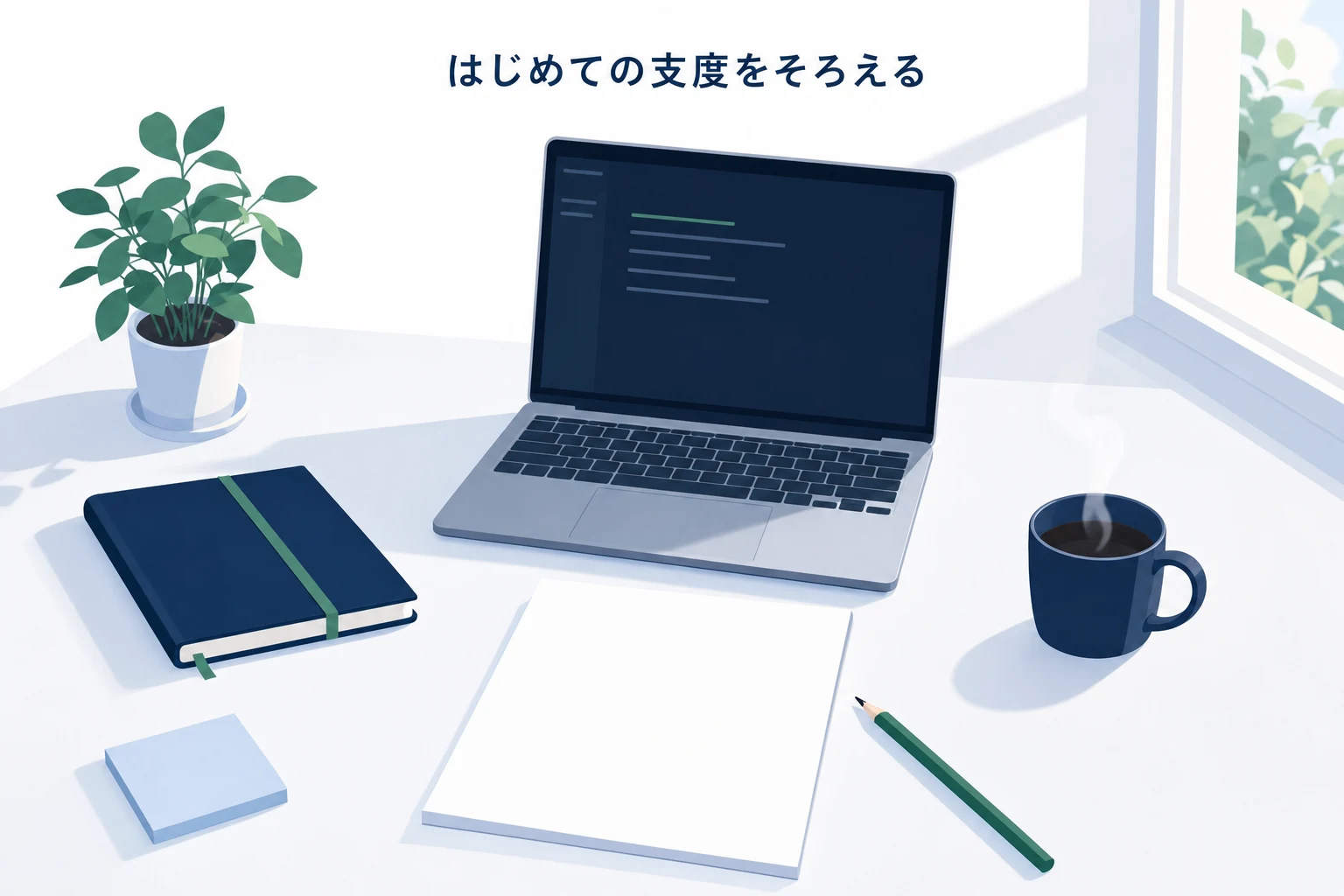 ノートパソコンの黒い画面に読めない短い線が並び、手前に手順を書く前の白いメモと鉛筆が置かれたアイキャッチ