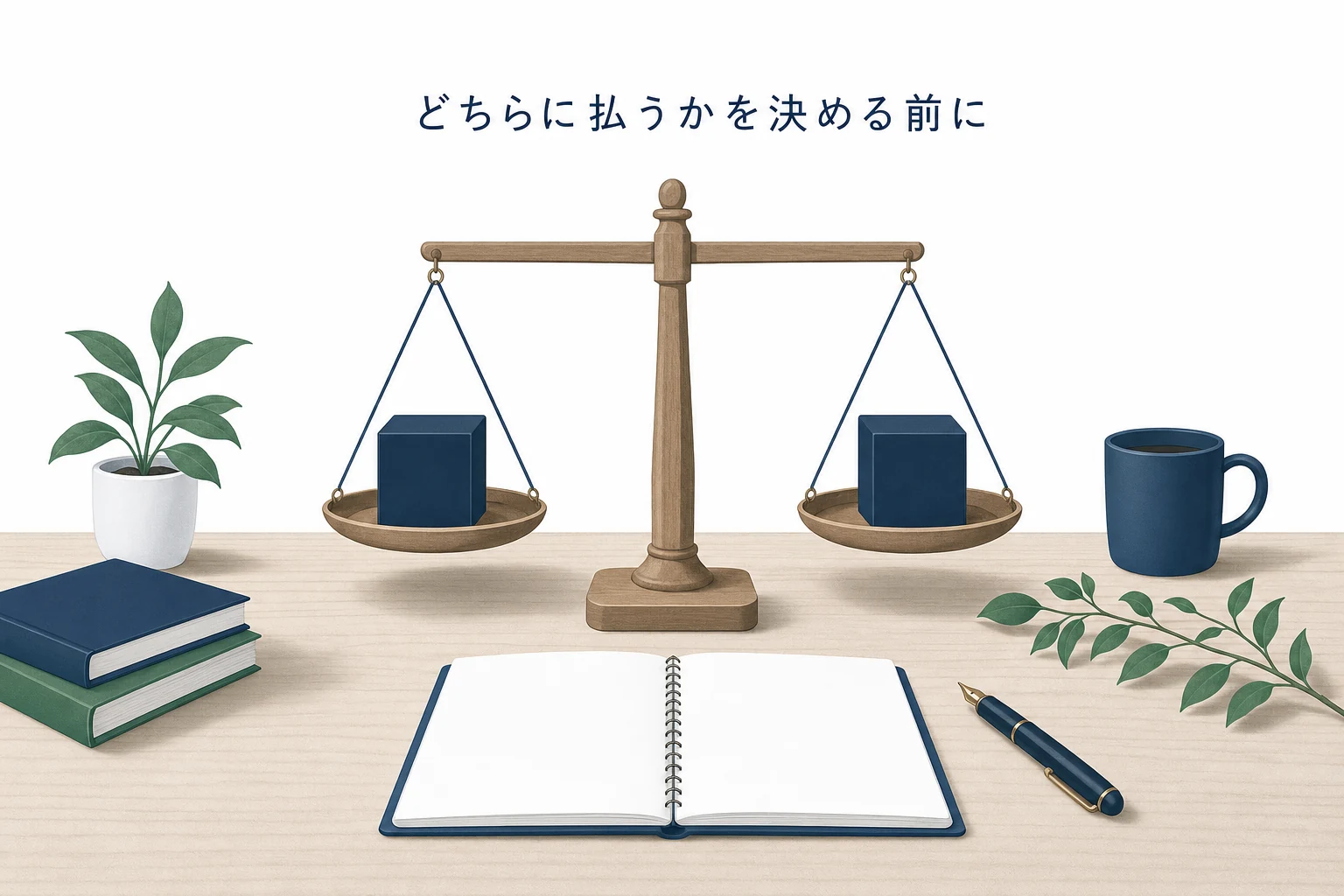 木の天秤の左右の皿に同じ形の箱が一つずつ載っている、どちらに払うかを考える場面のアイキャッチ