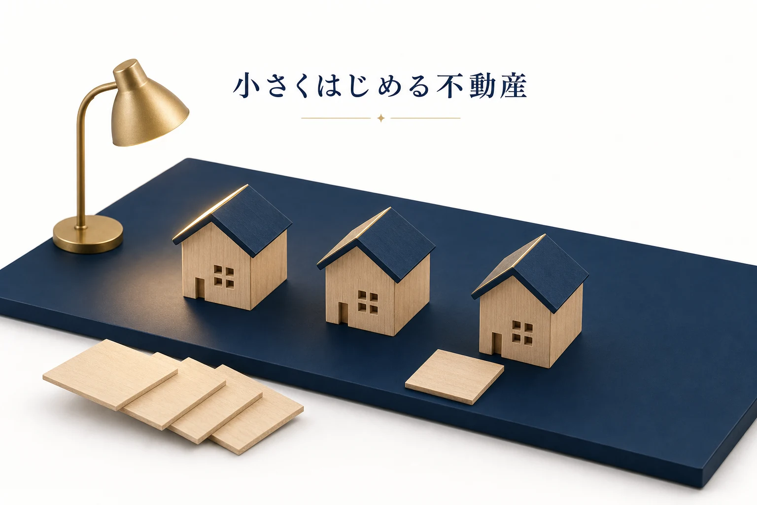小さな木の家の模型が並び、そばに薄い木片を重ねた、少額から始める不動産のアイキャッチ