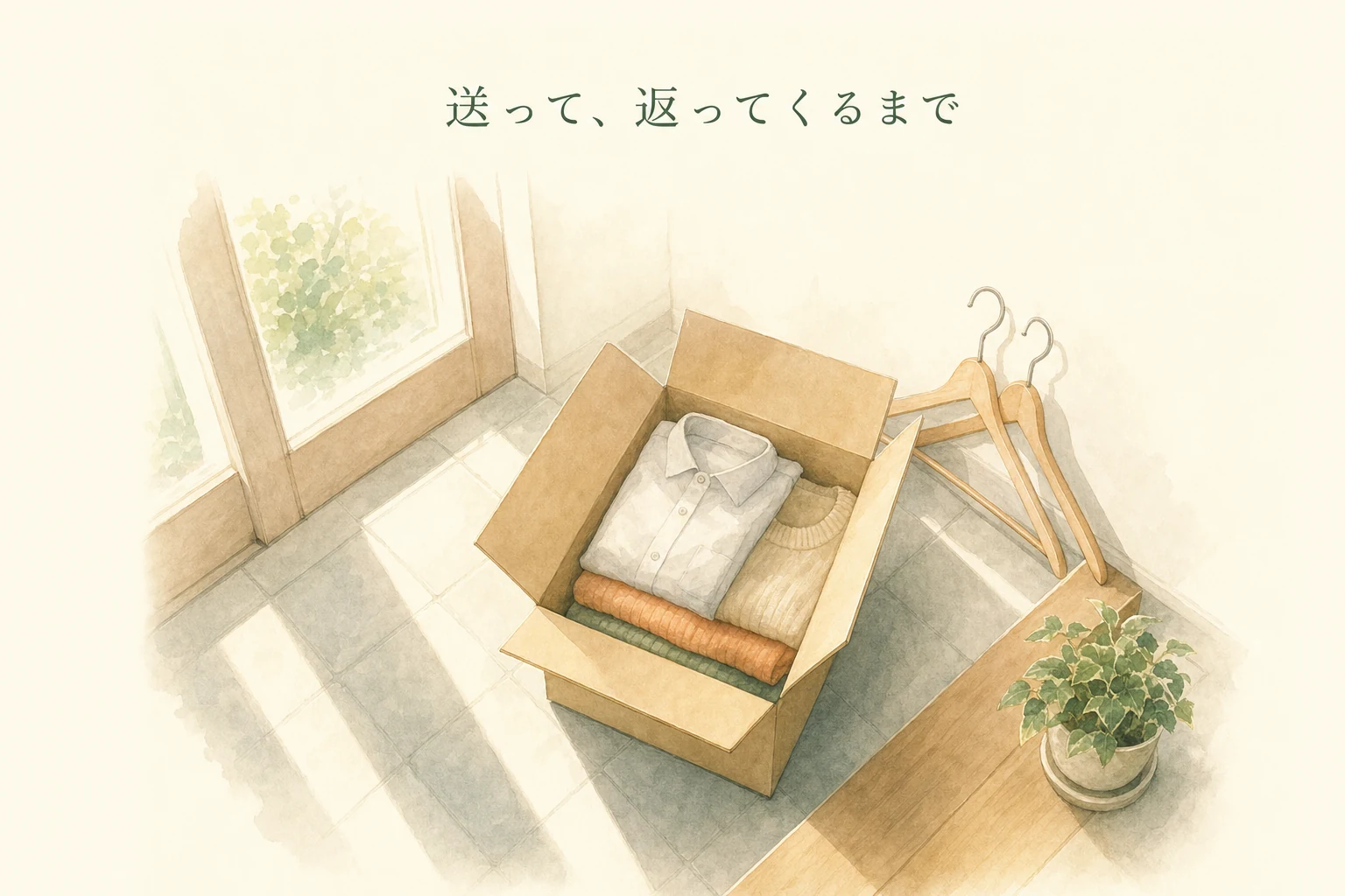 玄関に置かれた集荷用の箱と、たたんだ衣類・空のハンガーを描いたアイキャッチ