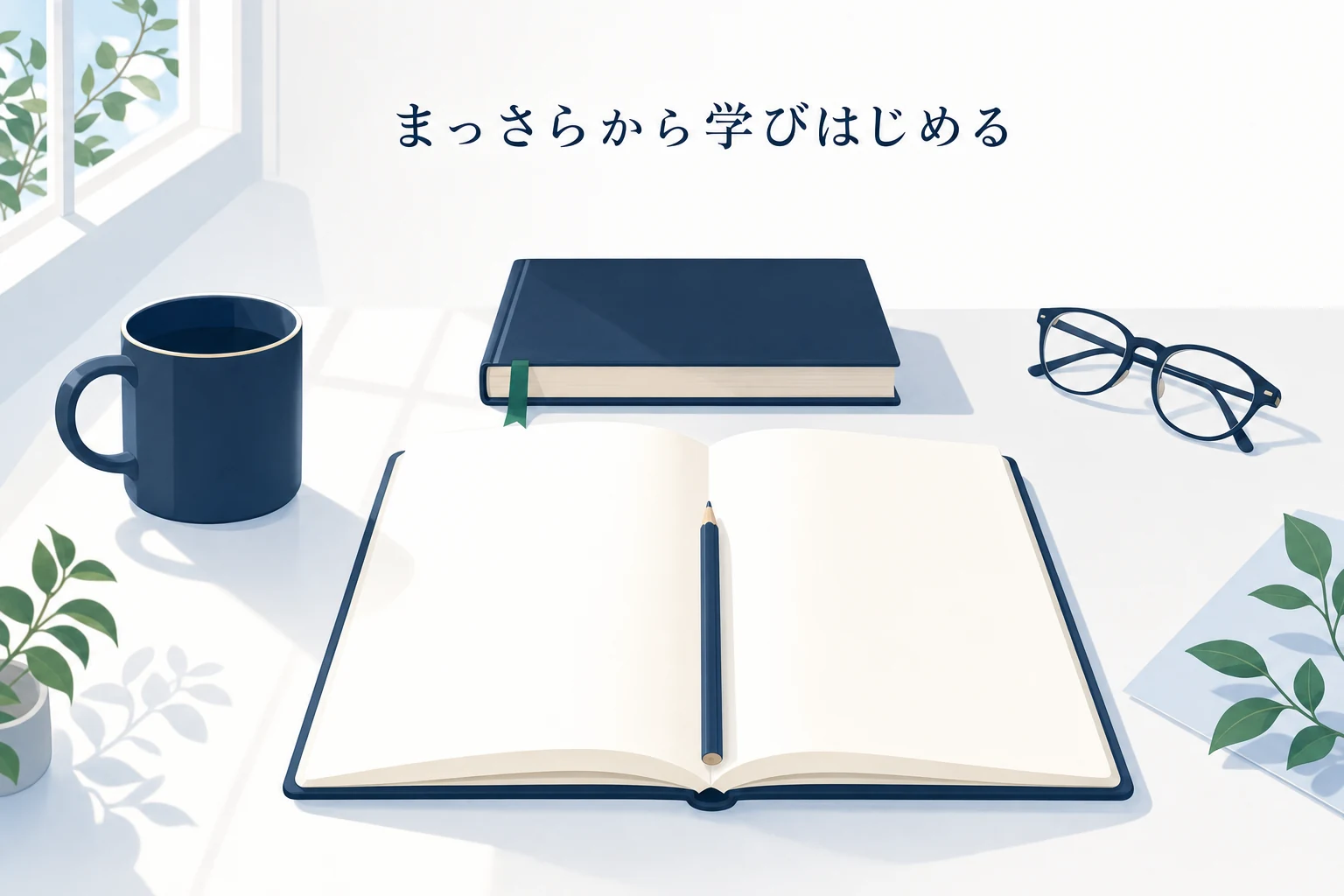 何も書かれていない見開きのノートに削りたての鉛筆が置かれ、奥にしおりを挟んだ入門書がある朝の机のアイキャッチ