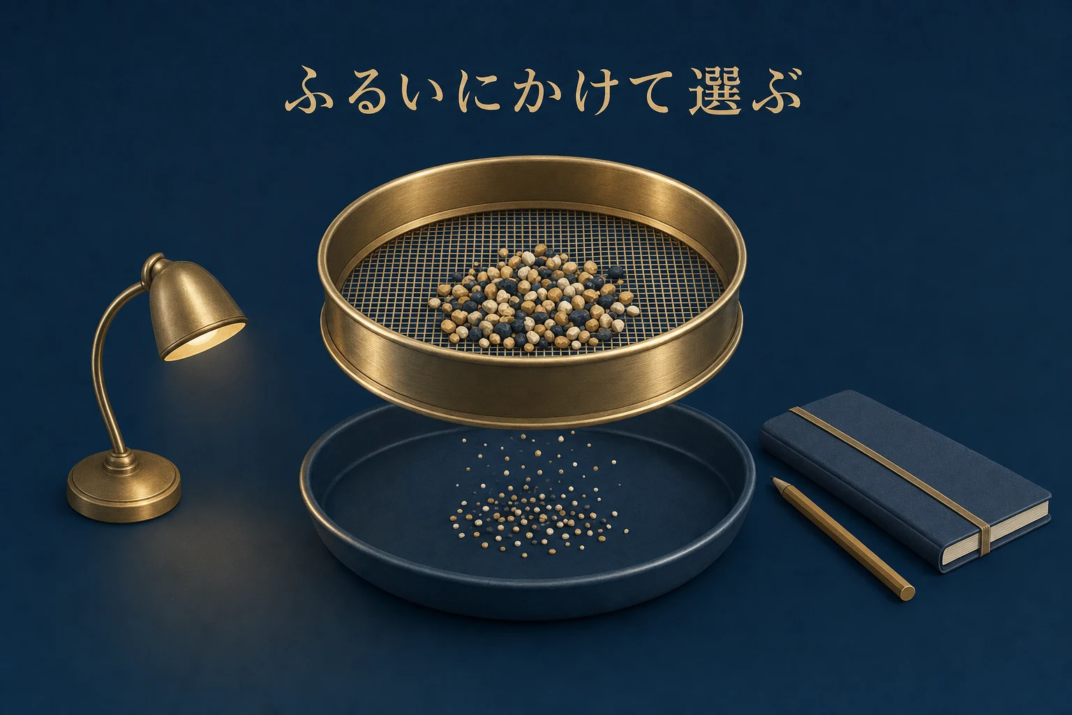 真鍮のふるいと通り抜けた粒、受け皿を正面からとらえた、銘柄を絞る手順のアイキャッチ