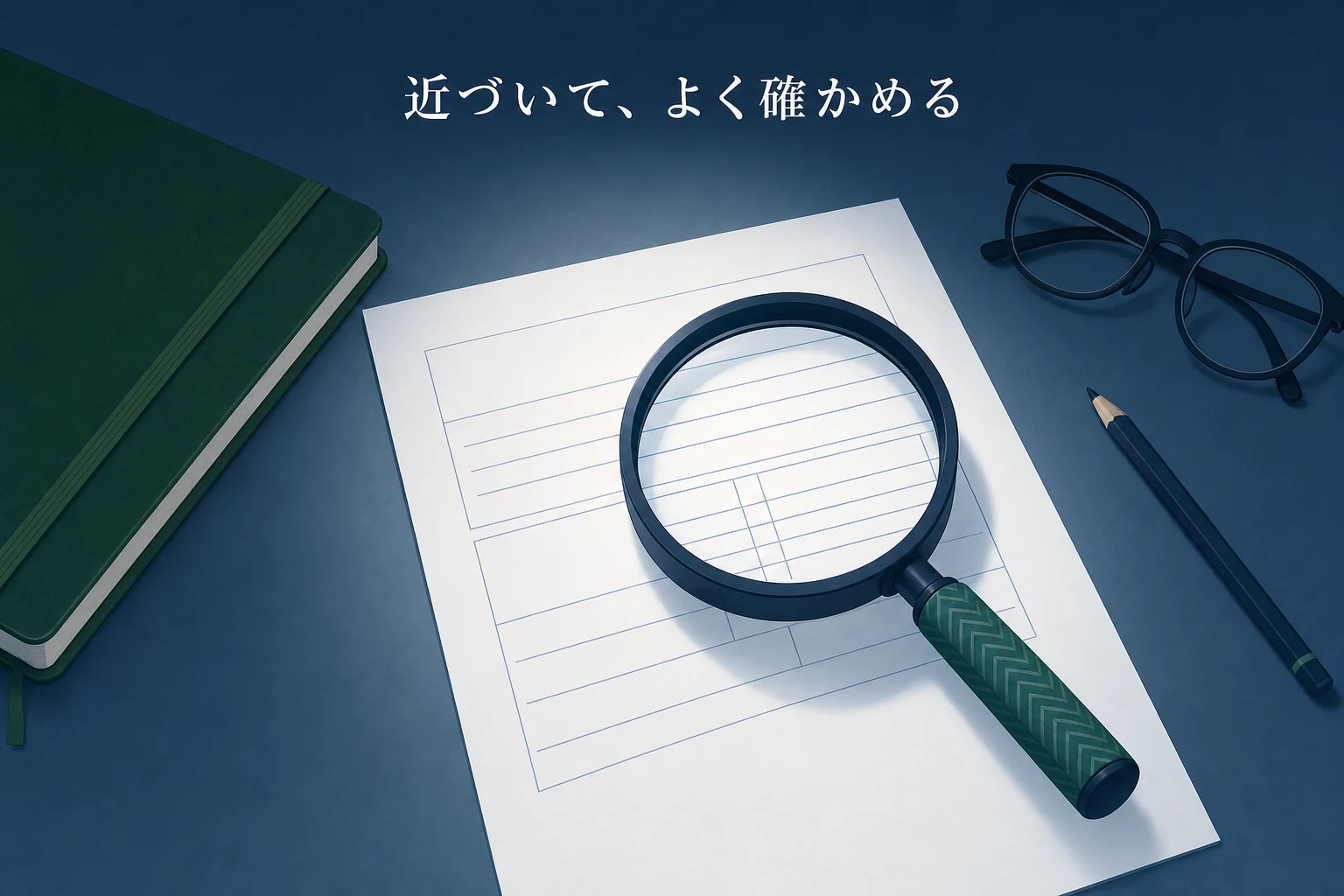 暗い机の上で罫線だけの白い紙にルーペをかざし、円の中だけがくっきり見えているアイキャッチ